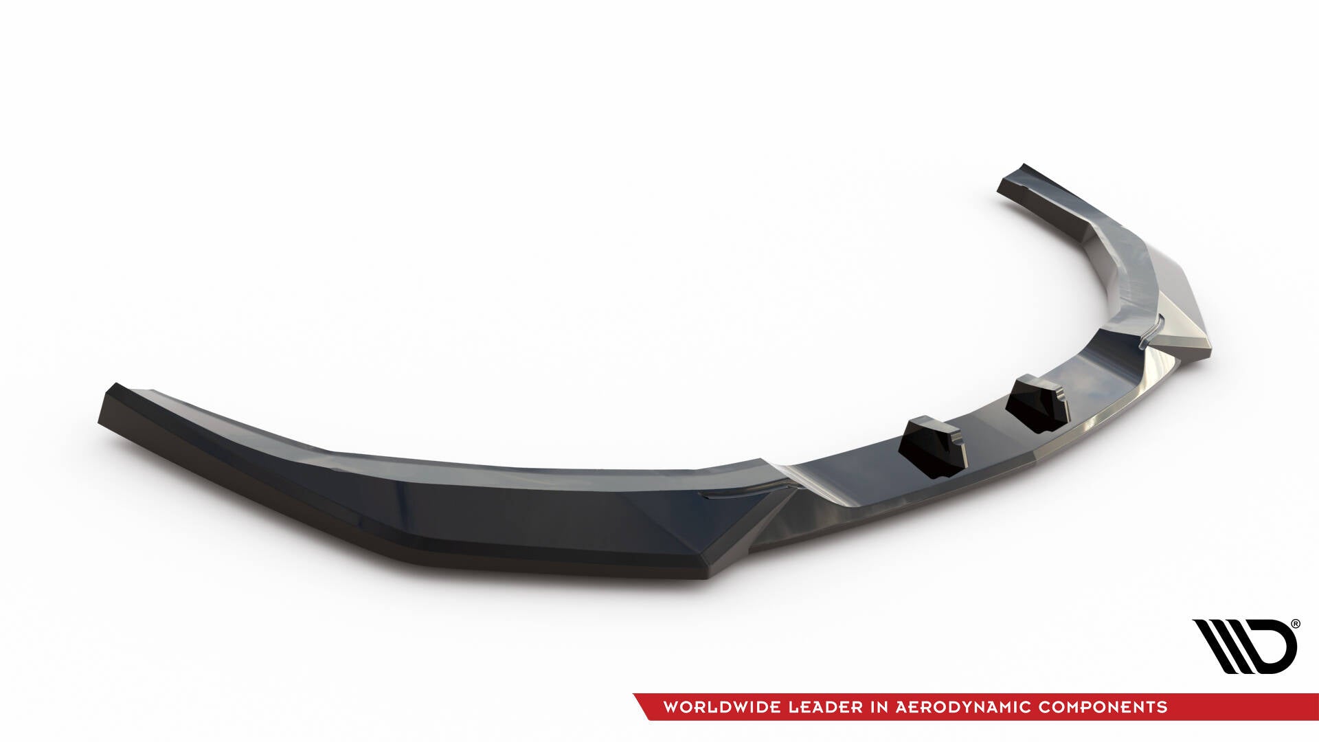 Front splitter for Ford Mustang GT MK7 V.2 i svart, glanset plast med markerte kanter, sett skrått ovenfra.