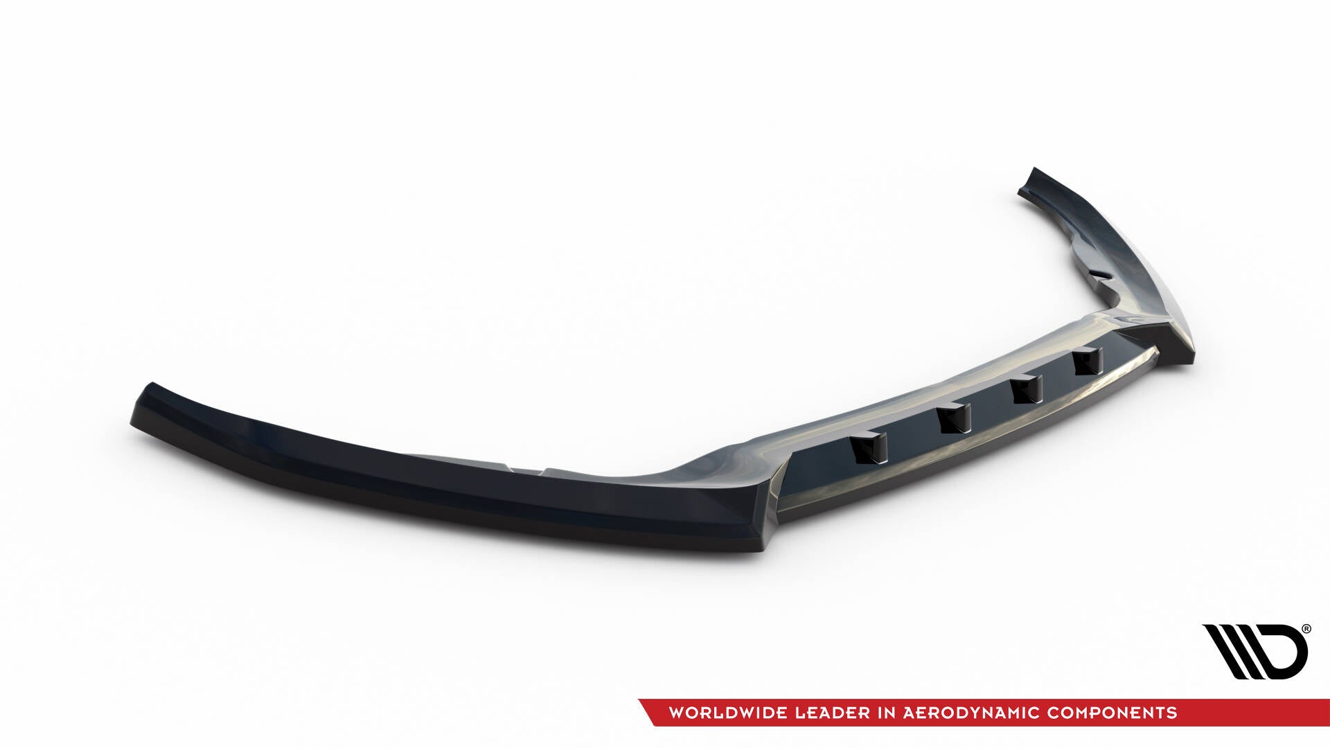 Front splitter til Ford Transit Connect MK2 Facelift V.2, sort glanset plast med seks utstikkere, sett skrått forfra.