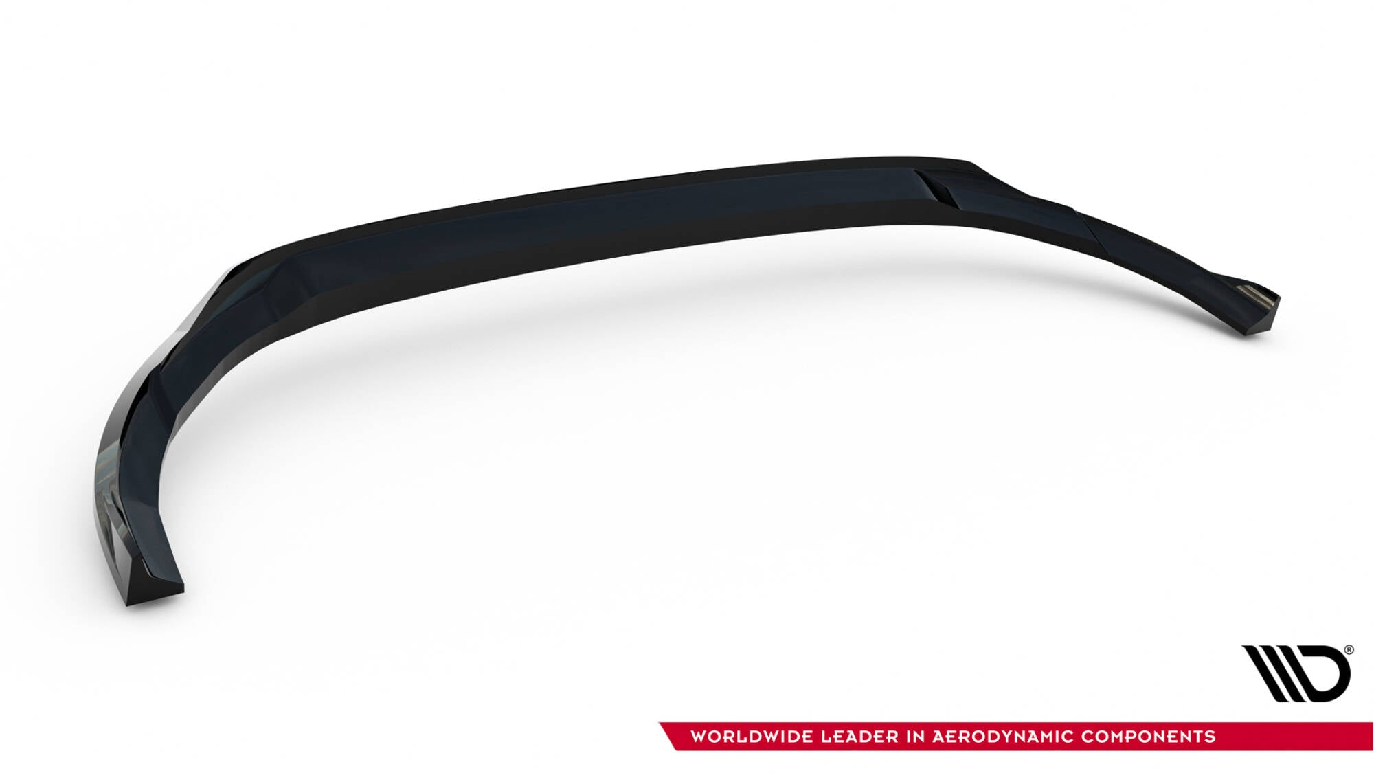 Front lip til Ford Transit Custom MK2, svart og buet med skarpe kanter, sett skrått ovenfra.
