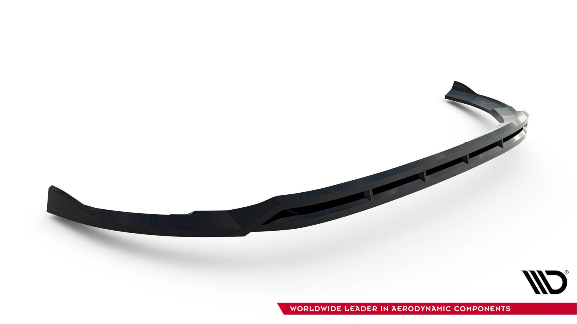 Front splitter for Ford Transit Custom MK2 V.2 i svart blank plast, sett fra høyre side med aerodynamiske former.