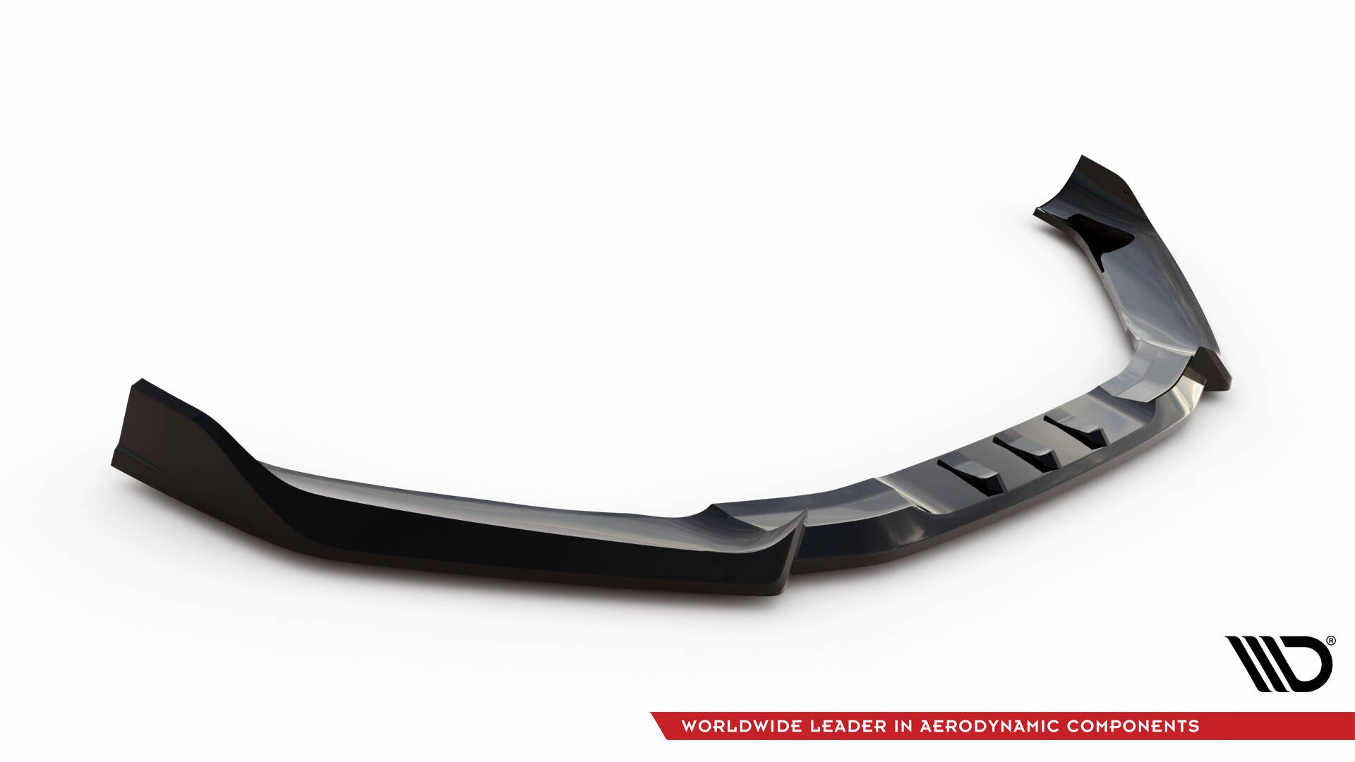 Front splitter til Hyundai Veloster N MK2 V.2, sort og glanset med aerodynamiske detaljer, skrå forfra.