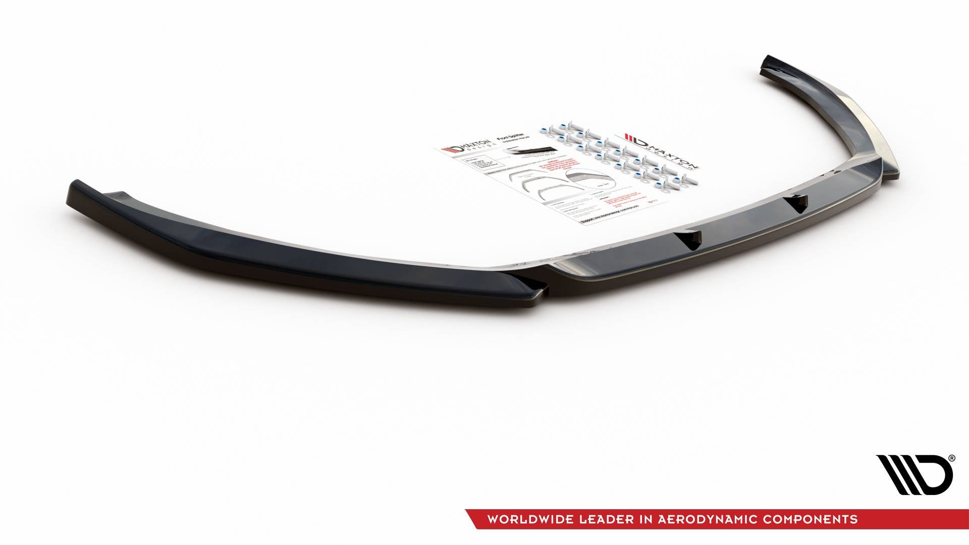 Front lip til Peugeot 2008 MK2 V.2 med monteringsanvisning og skruer på hvit bakgrunn.