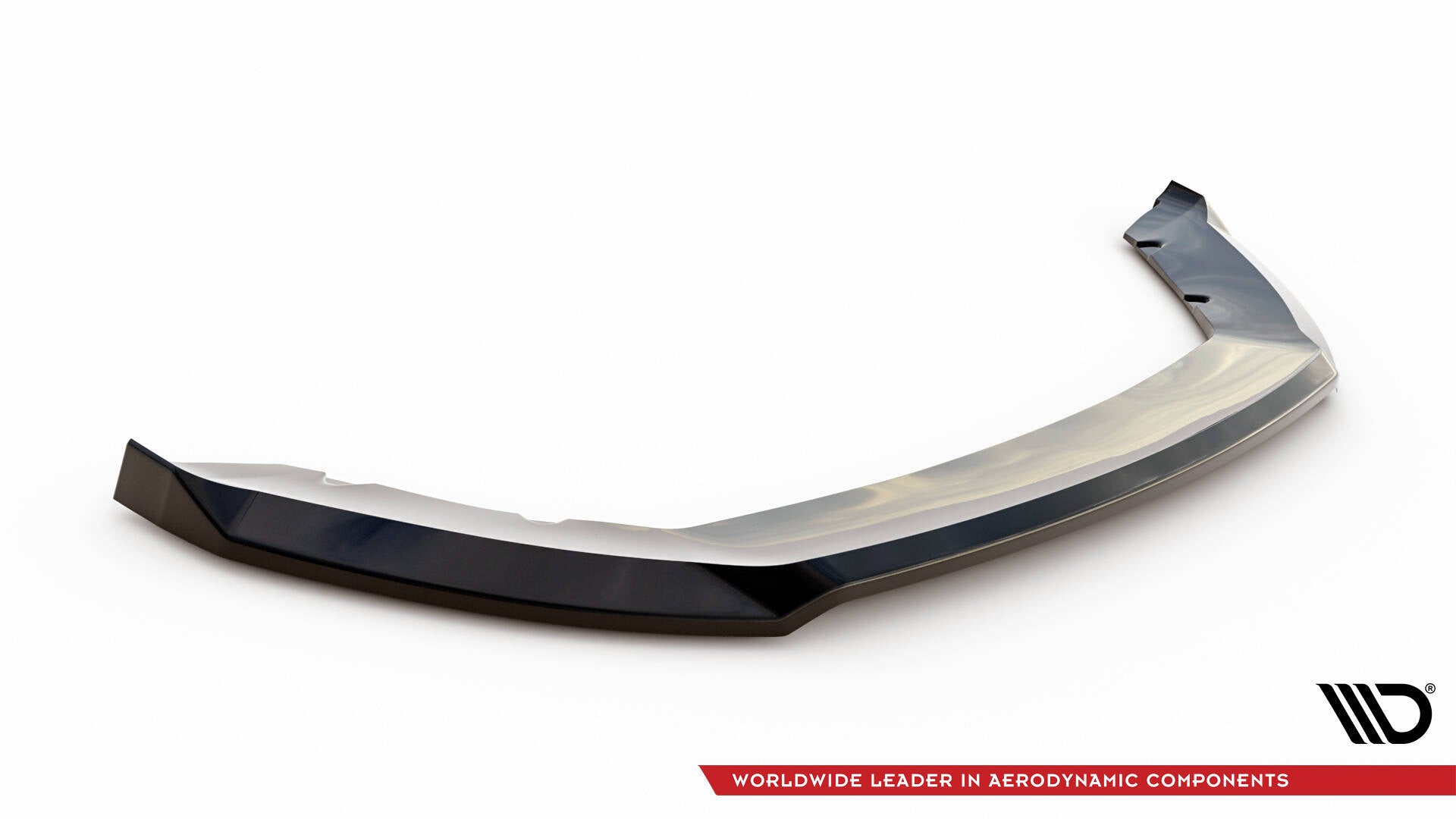 Front splitter til Seat Leon MK3 Facelift V.2 i sort, glanset plast med buet design, sett skrått ovenfra.