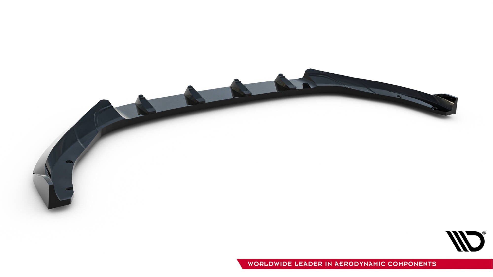 Frontspoiler Skoda Octavia RS MK4 Facelift V.2 i sort blank plast med fire finner, sett fra skrått sideperspektiv.