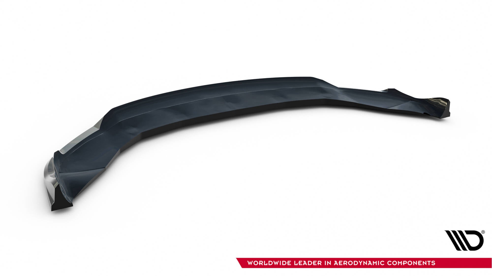 Front lip til Tesla Model S Plaid MK1 Facelift V.2, svart og buet plast med blank riflet overflate.