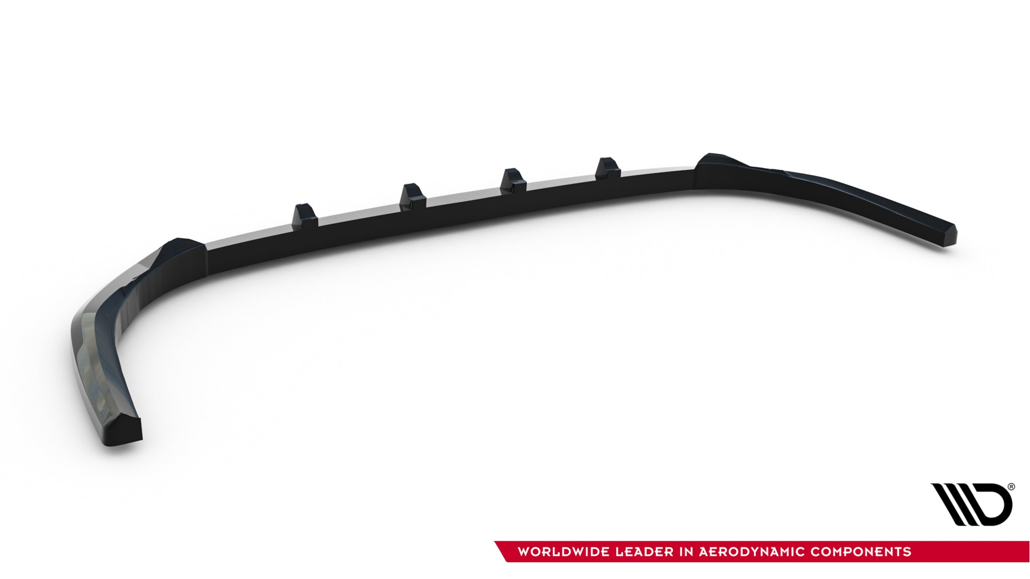 Front lip til Toyota Highlander MK4 V.2, sort buet plast med opphøyninger, skrå vinkel mot hvit bakgrunn.