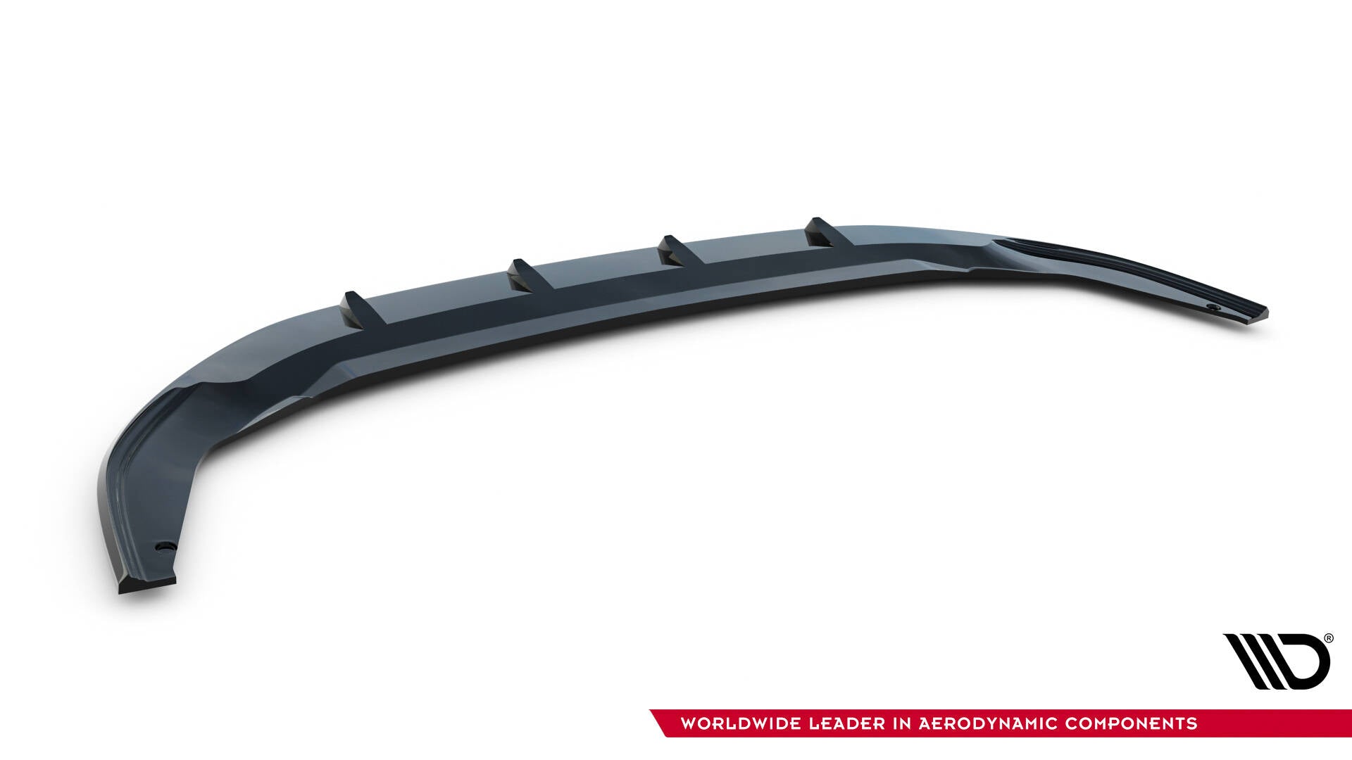 Front lip til VW Golf GTI Clubsport MK8 Facelift V.2 med fire vertikale finner, sett skrått ovenfra.