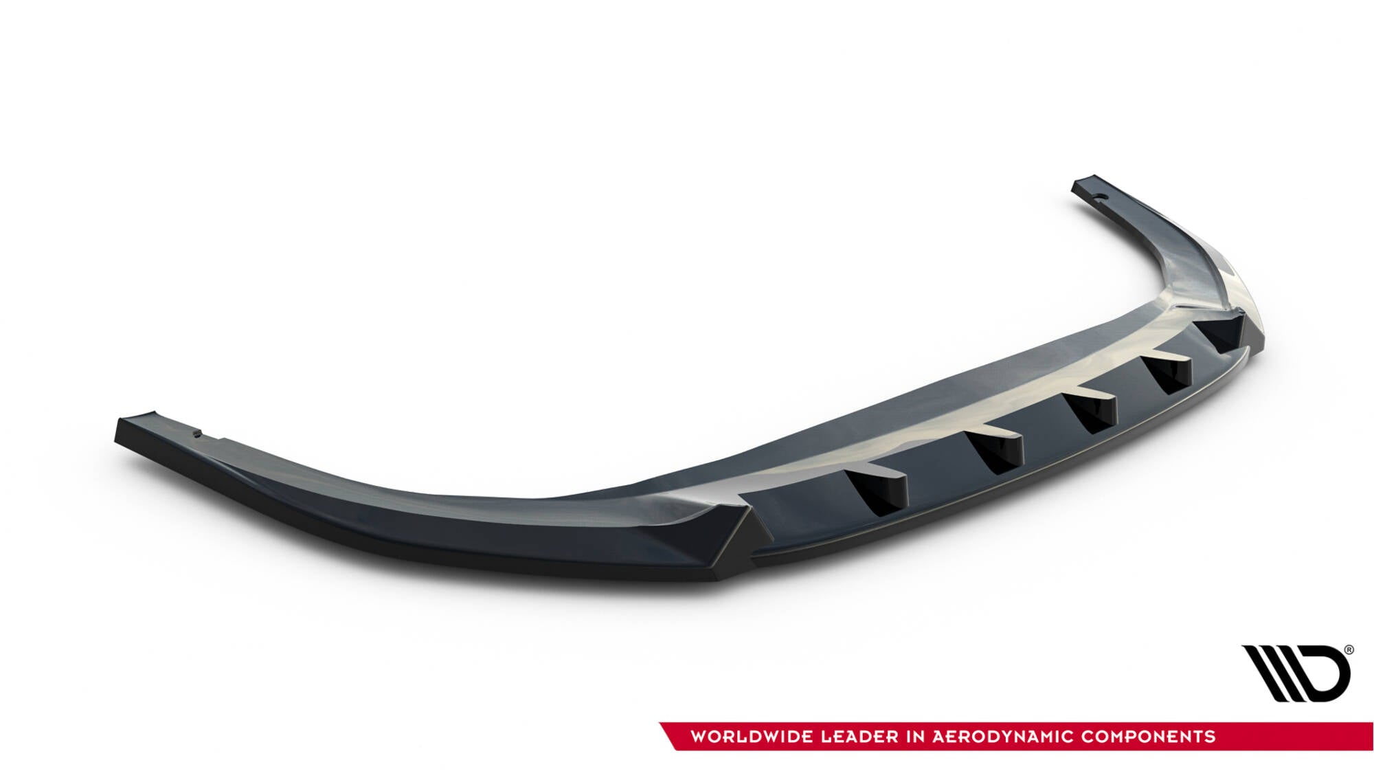 Front splitter til VW Golf MK8 GTI/GTE/R-Line, sort med vinkelformede luftkanaler, vist skrått ovenfra.