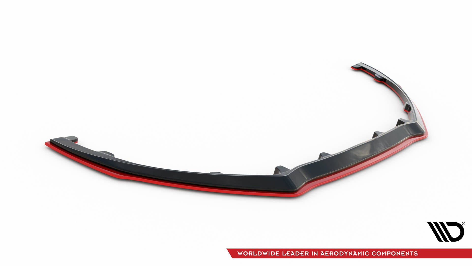 Front splitter til Renault Megane RS MK4 V.3 i sort med røde detaljer, sett skrått ovenfra.