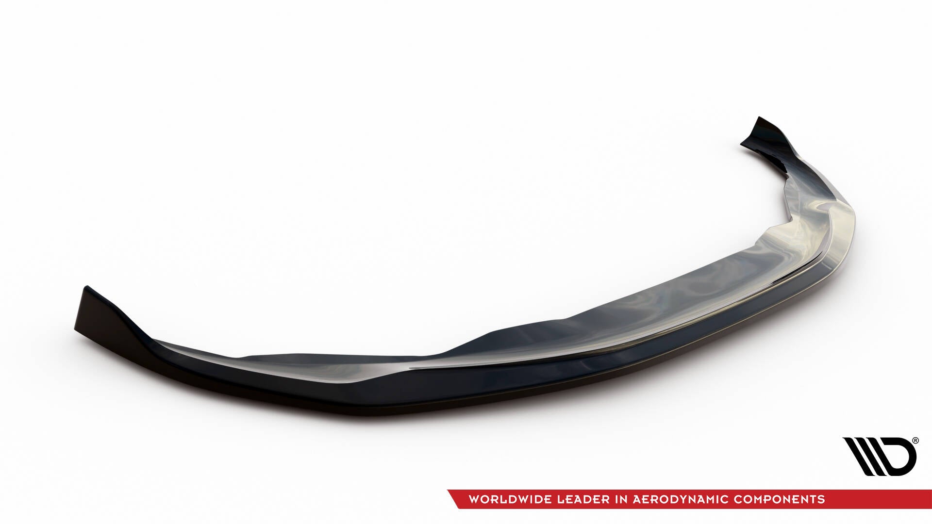 Front splitter til BMW 7 M-Pakke G11 G12 Facelift, sort og glanset med kurvet design mot hvit bakgrunn.