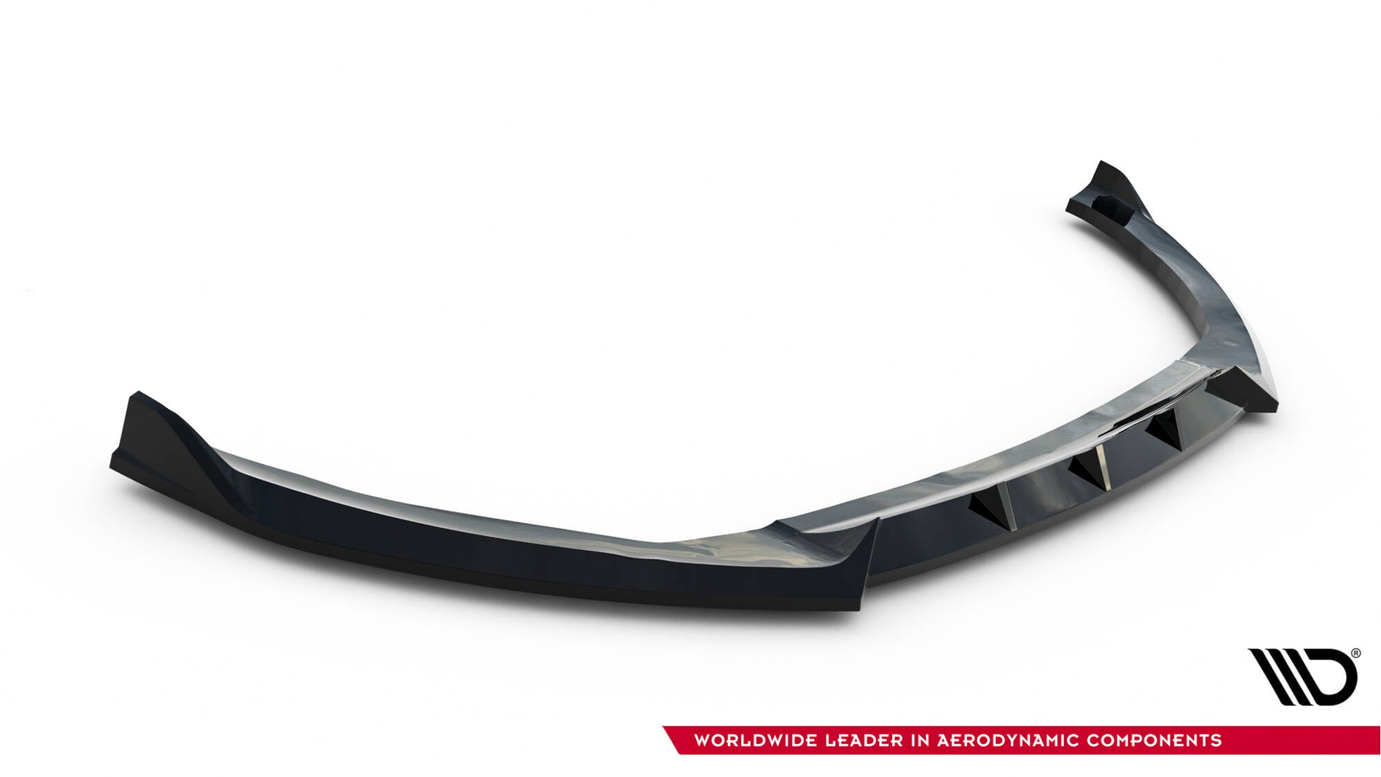 Front splitter til Ford Focus ST MK3 Facelift V.6 i blank sort plast med åpne luftekanaler, sett forfra.