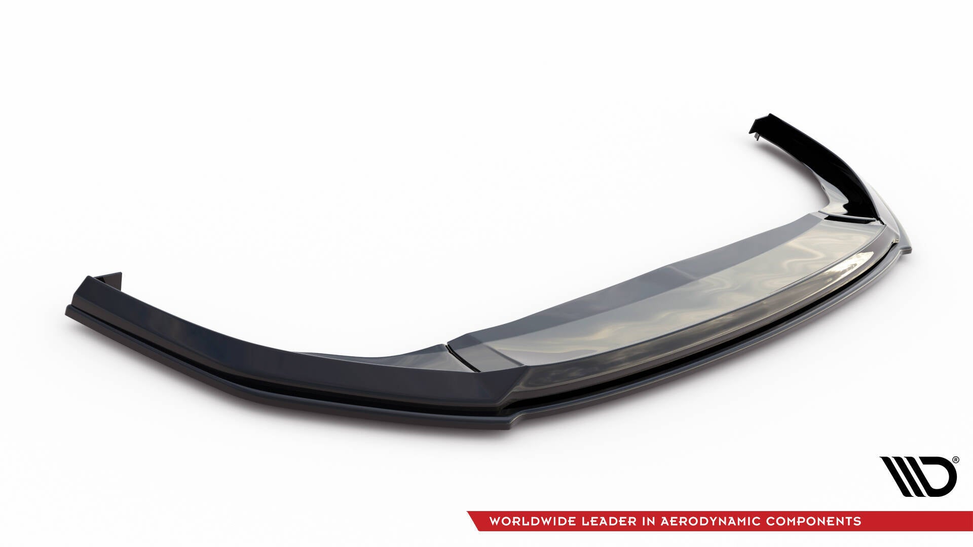 Front splitter til VW Golf MK8 GTI i sort, glanset plast, skrå vinkel med aerodynamisk design.
