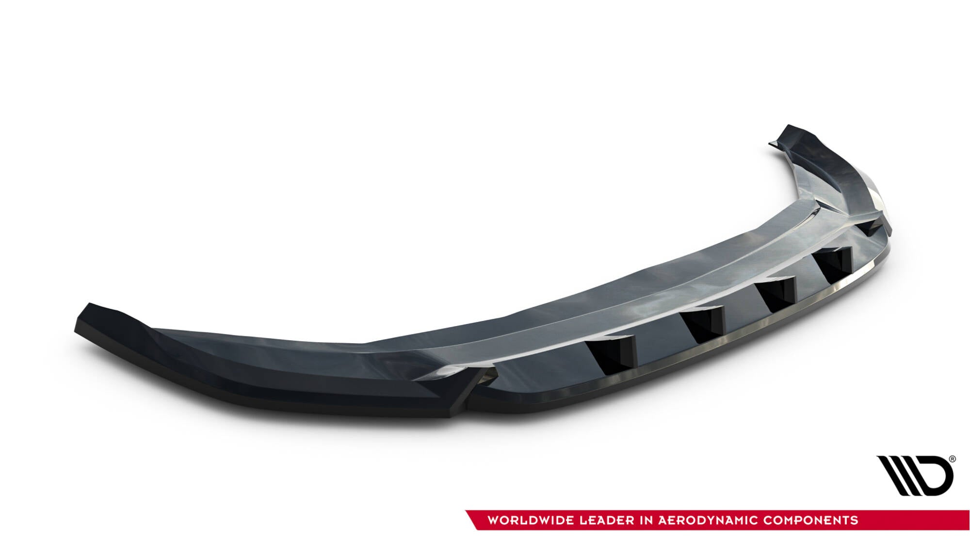 Front splitter til VW T-Roc R MK1, sort og glanset plast med markerte vinkler, vist fra skrå vinkel.