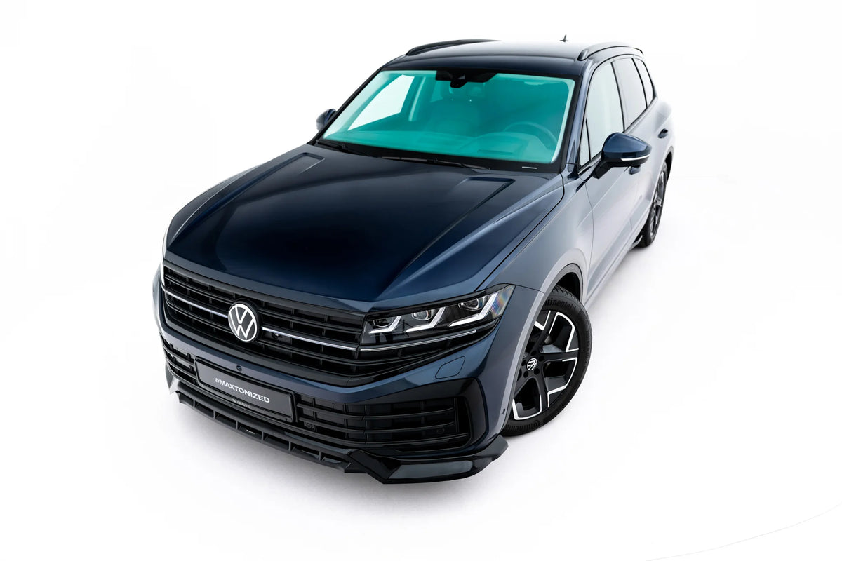 Nærbilde av blank sort frontsplitter til Touareg Elegance Mk3 Facelift
