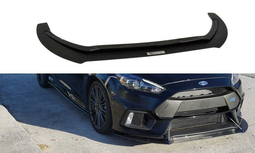 Frontspoiler Ford Focus RS MK3 200mm i sort plast, vist isolert og montert foran på bil med lav profil.