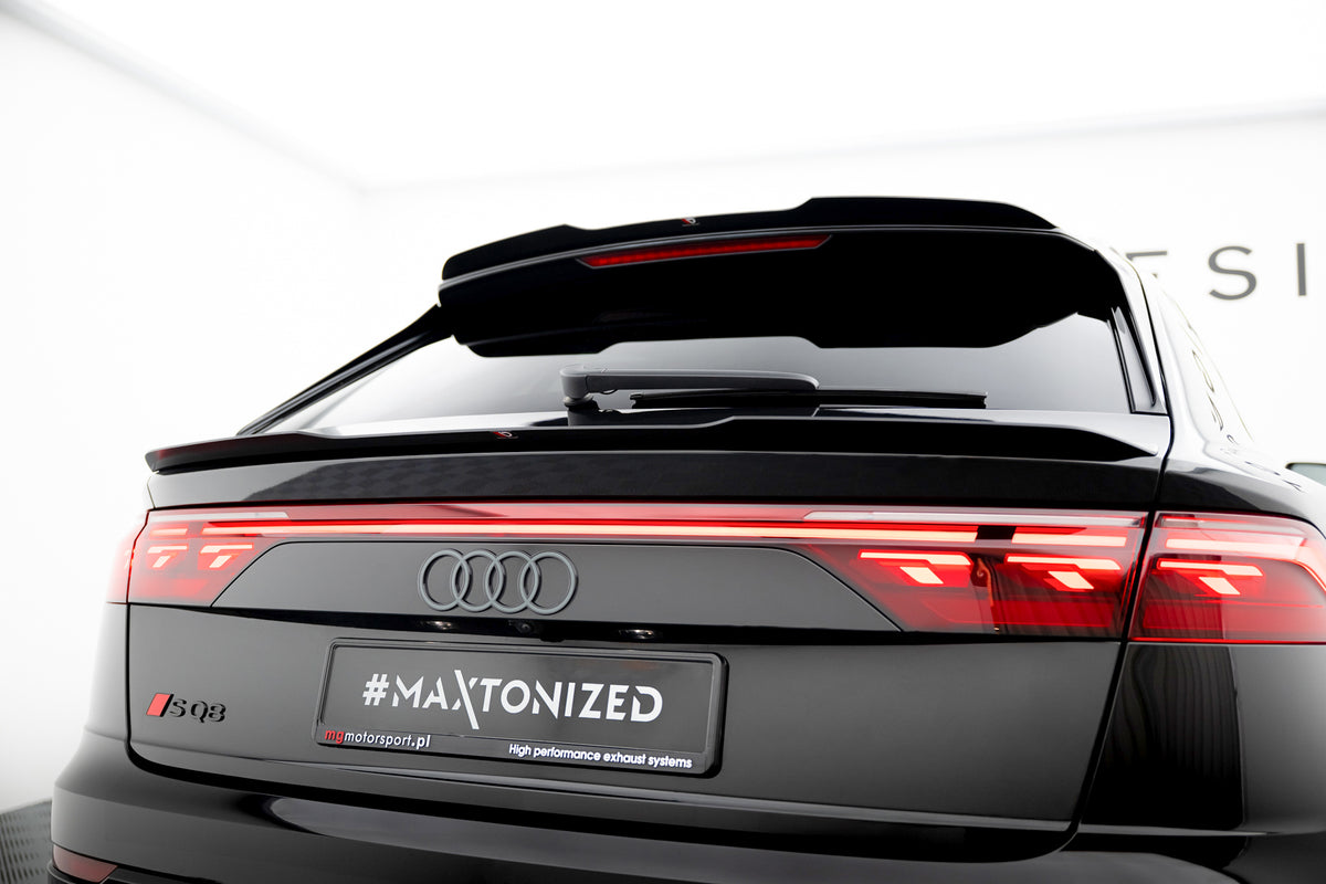 Spoiler cap i blank sort ABS til Audi Q8 S-line / SQ8 Mk1 Facelift sett bakfra