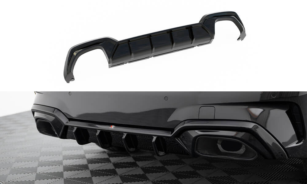 Diffuser til BMW M340i G20 sett bakfra i strukturert svart ABS-plast