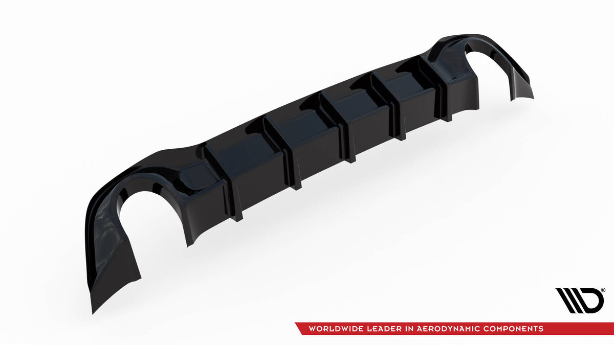 Bakre diffuser V.3 til VW Golf 8 GTI installert på svart Golf 8 med felger