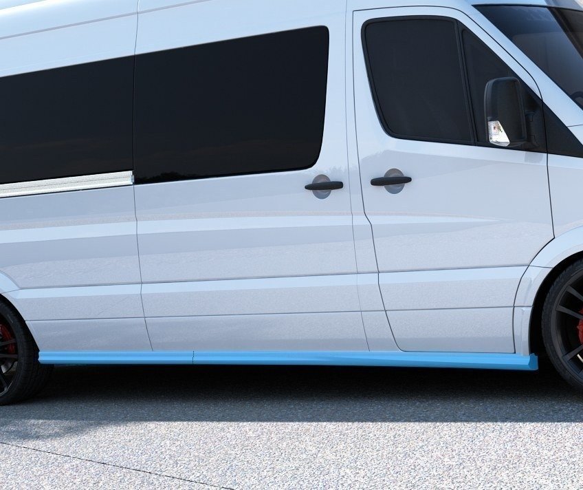 Komplett sett med sideskjørt til Mercedes Sprinter MK2 sett fra skrå vinkel