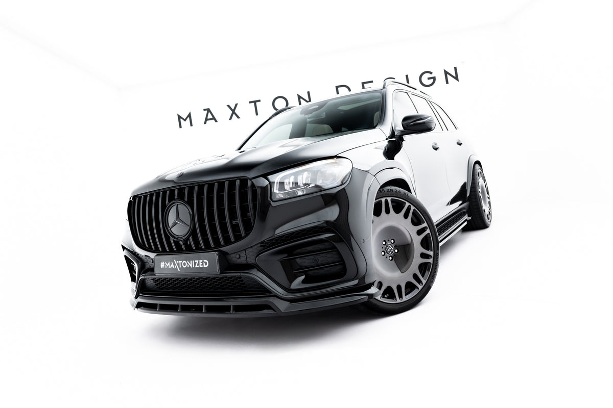 Nærbilde av sømløs passform mellom splitter og støtfanger på Mercedes GLS X167 Facelift