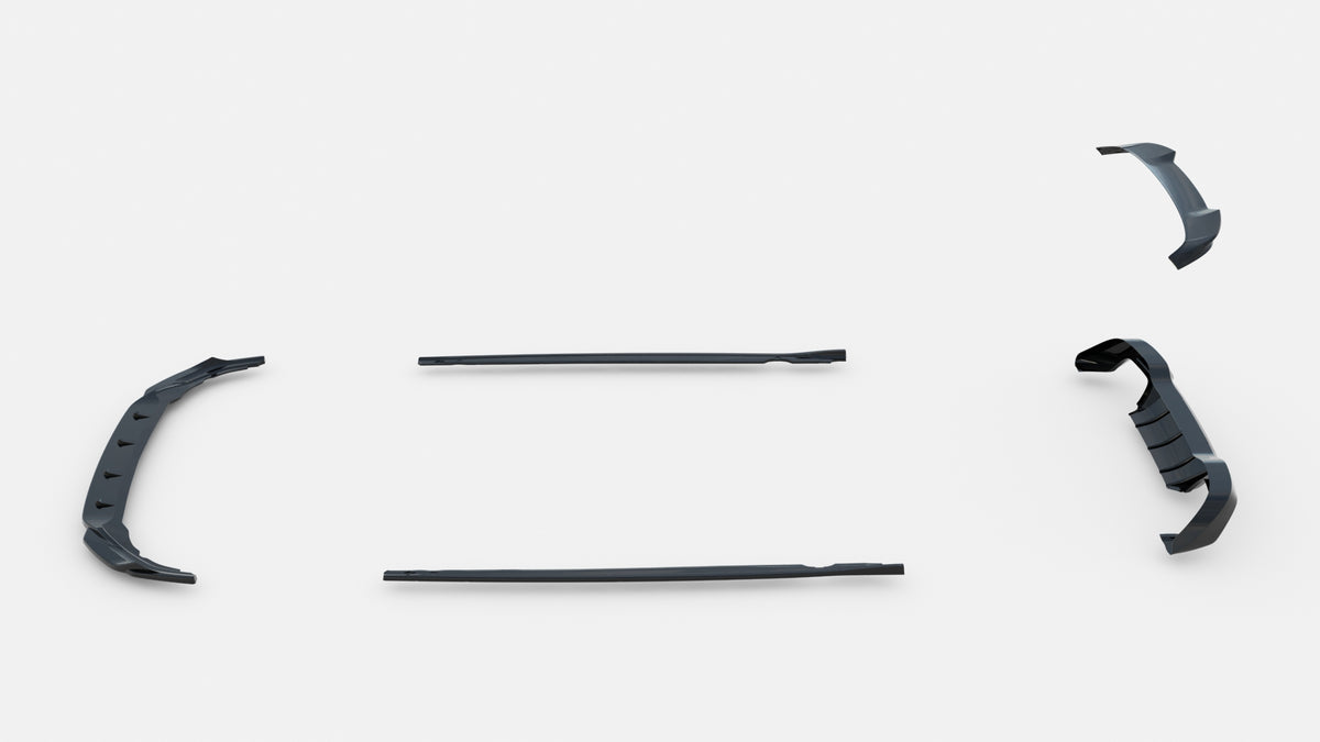Front- og sideplitter til VW Golf 8 R – nærbilde av overflaten med blank svart finish