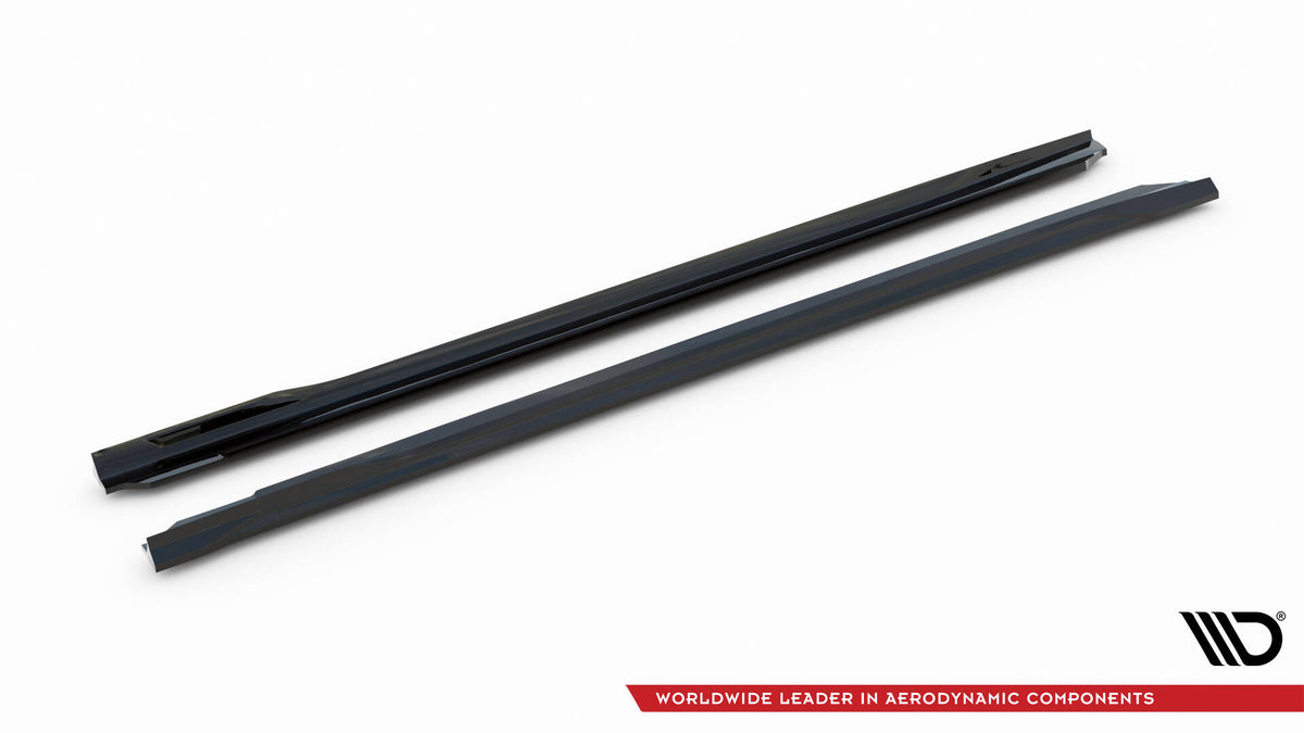 BMW 5 G60 M-pakke V.1 sideskjørt Maxton, montering og passform vist, svart plast