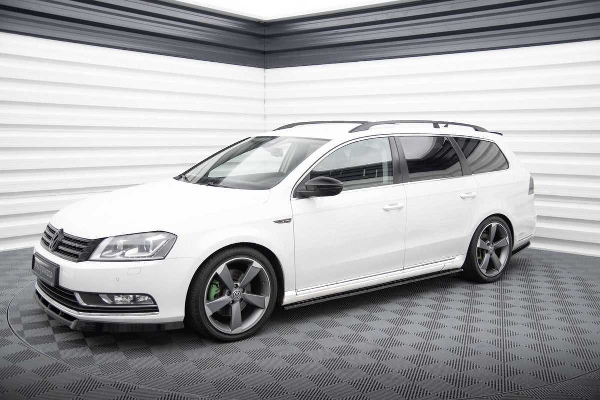 Sideskjørt-diffuser montert på VW Passat B7 sett fra skrå vinkel