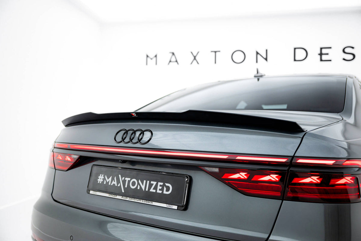 Spoiler cap i blank sort ABS til Audi S8 og A8 S-Line D5 Facelift sett bakfra