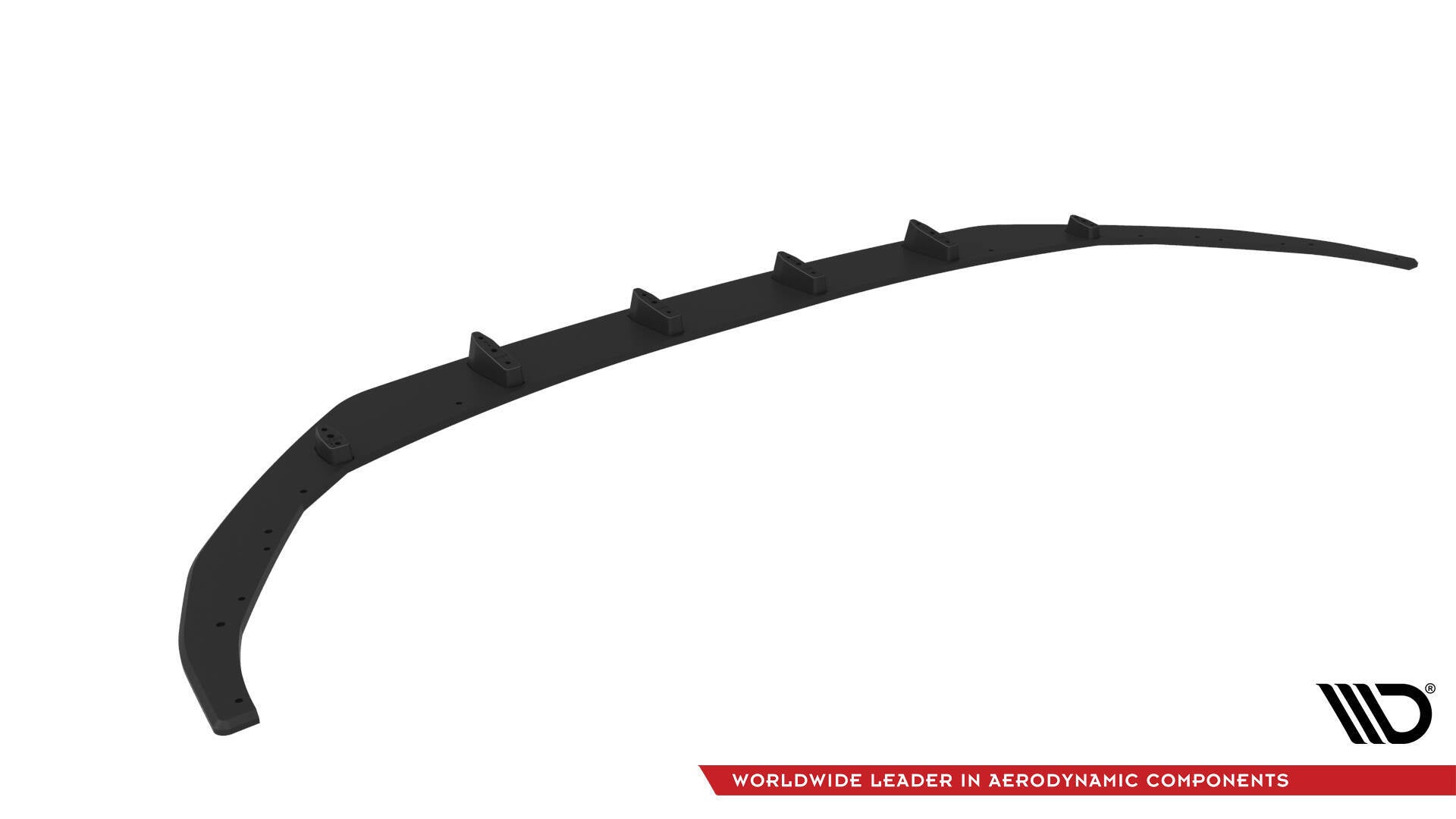 Front splitter til Audi A3 S-Line Sedan 8Y Facelift V2, svart plast med seks monteringsfester, sett skrått ovenfra.