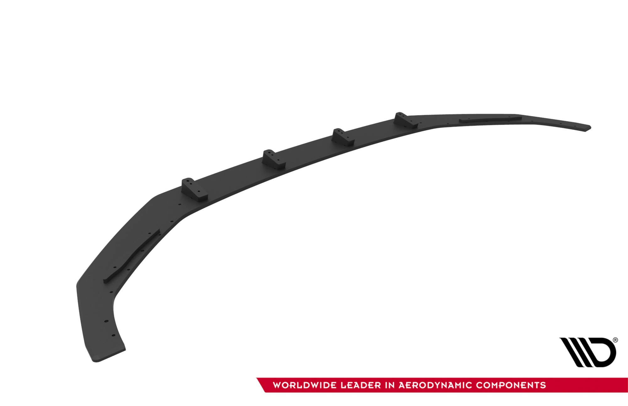 Front lip Audi A5 F5 Facelift sort spoiler sett fra skrå vinkel med synlige festepunkter og hull.