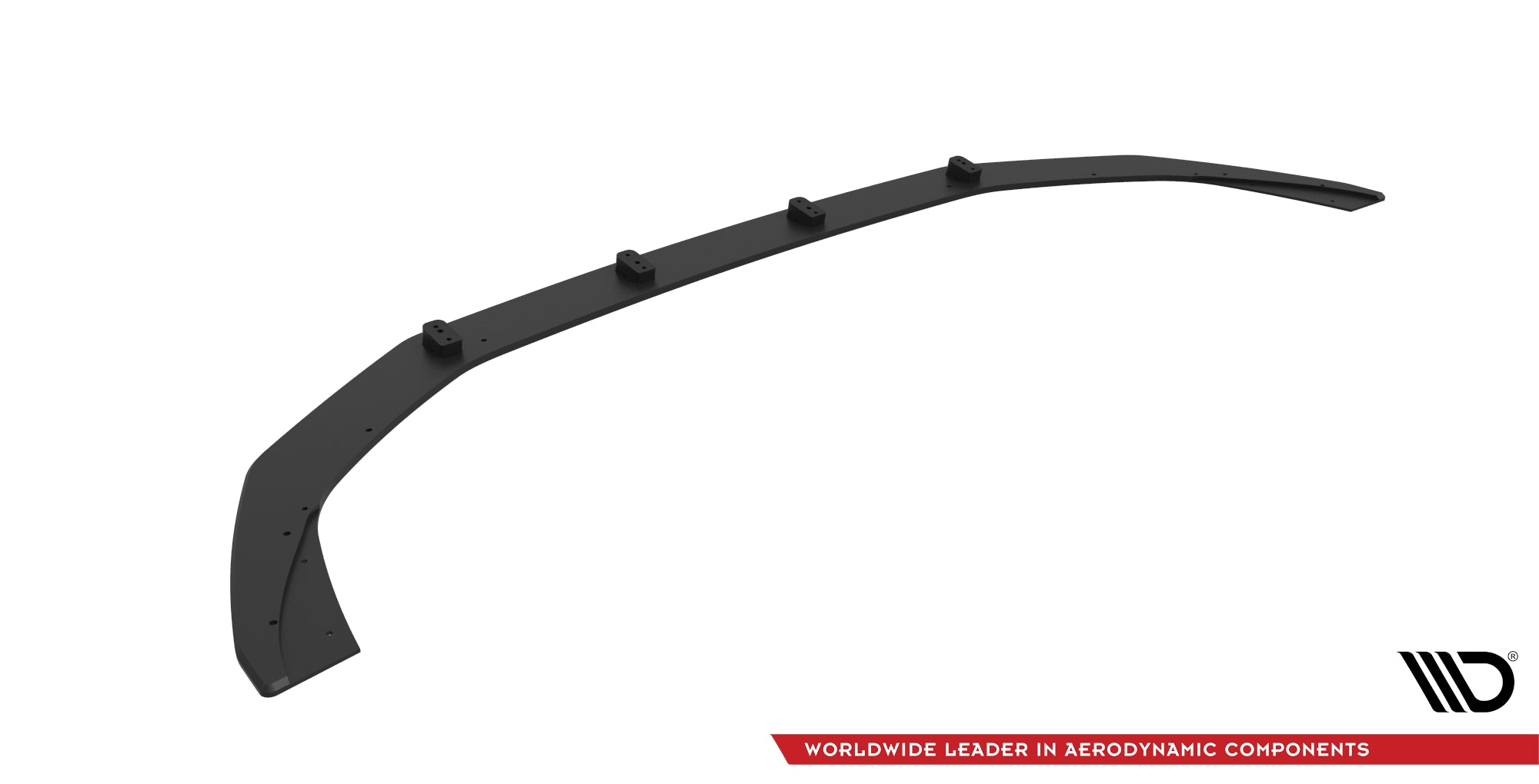 Front lip Audi RS3 8Y svart spoiler med fire festepunkter, sett skrått ovenfra mot hvit bakgrunn.