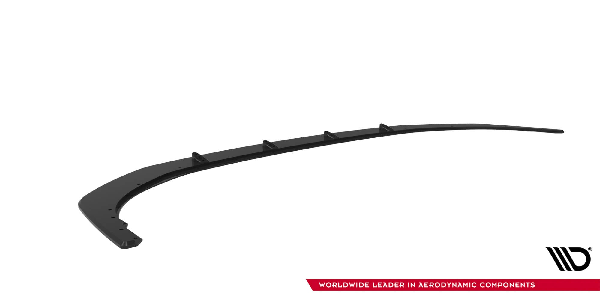 Front lip BMW F70 M135I Front V2 svart plast med forsterkningsribber og monteringshull, skrå vinkel.