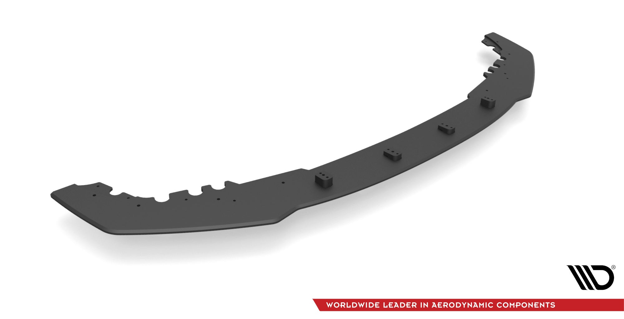 Front splitter til BMW M2 Competition F87, svart buet plast med festepunkter, sett skrått ovenfra.