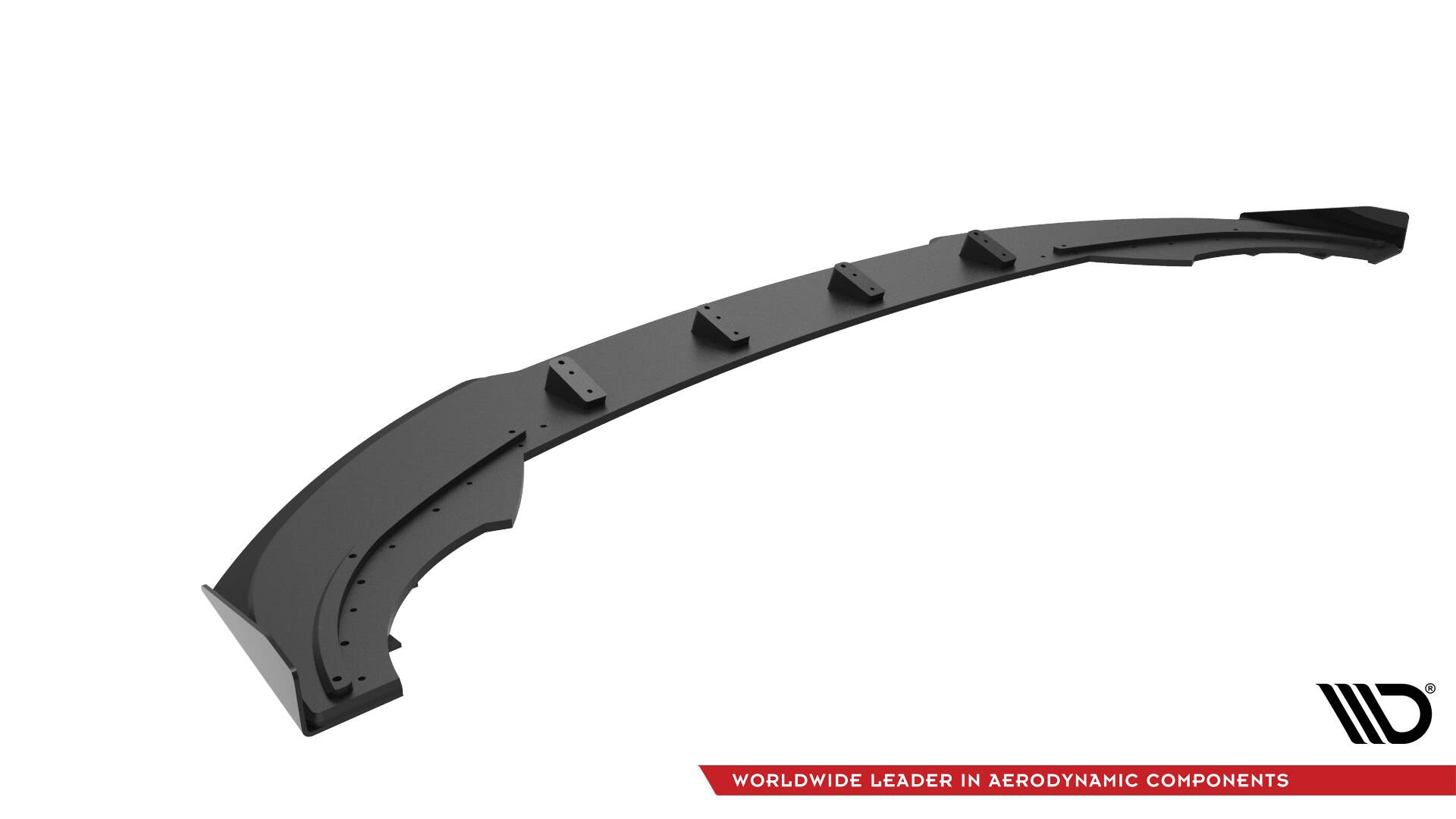 Front lip til Cupra Formentor MK1 Facelift V2, svart plast med flaps, sett fra skrå vinkel.