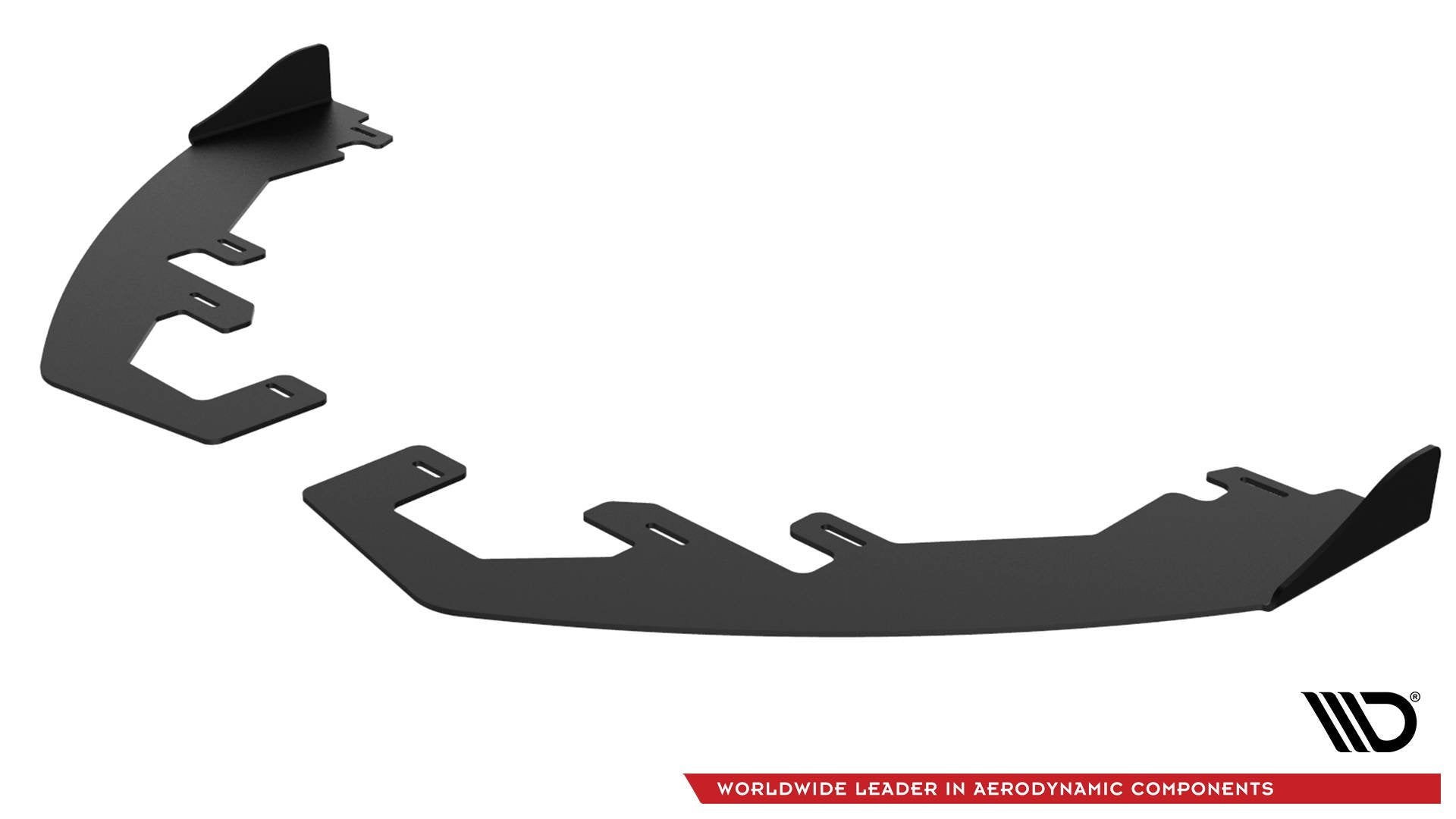 Spoiler Ford Fiesta MK8 St St-Line RS, to sorte buede metallplater med oppstående kant, skrå vinkel.