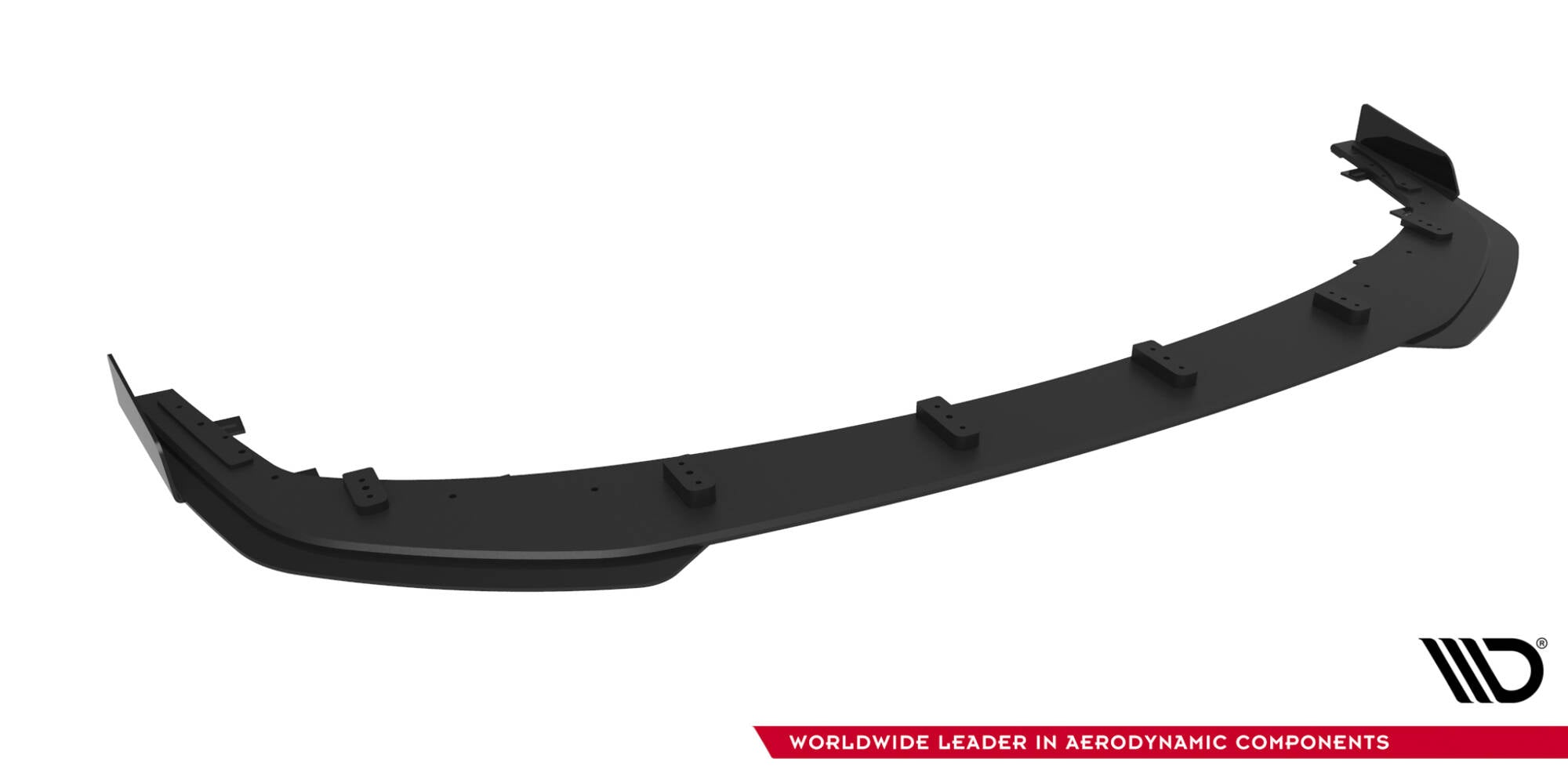 Front splitter til Mitsubishi Lancer Evo X med flaps V2, sort plast, skrå vinkel, synlige festepunkter.