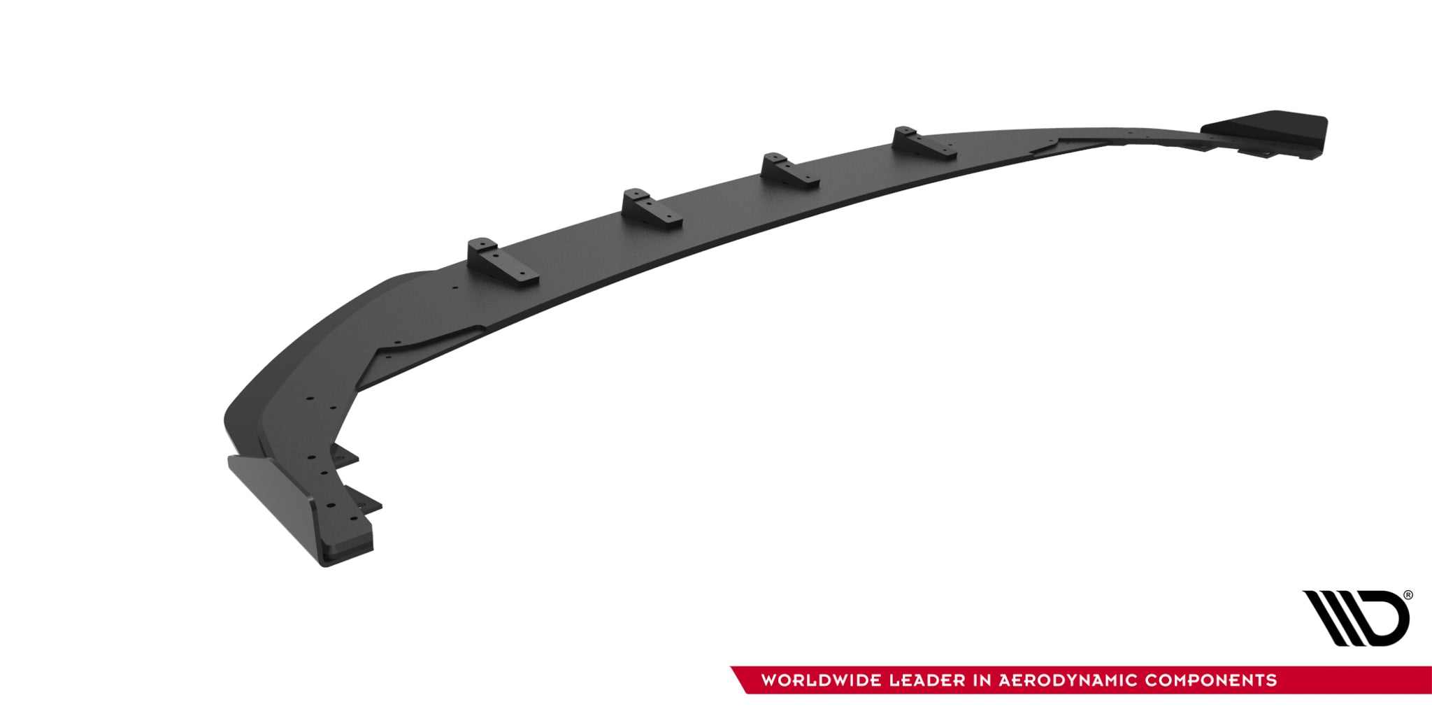 Frontleppe VW Golf R MK8 Facelift V1 sett skrått ovenfra, svart matt finish med festebraketter på hvit bakgrunn.