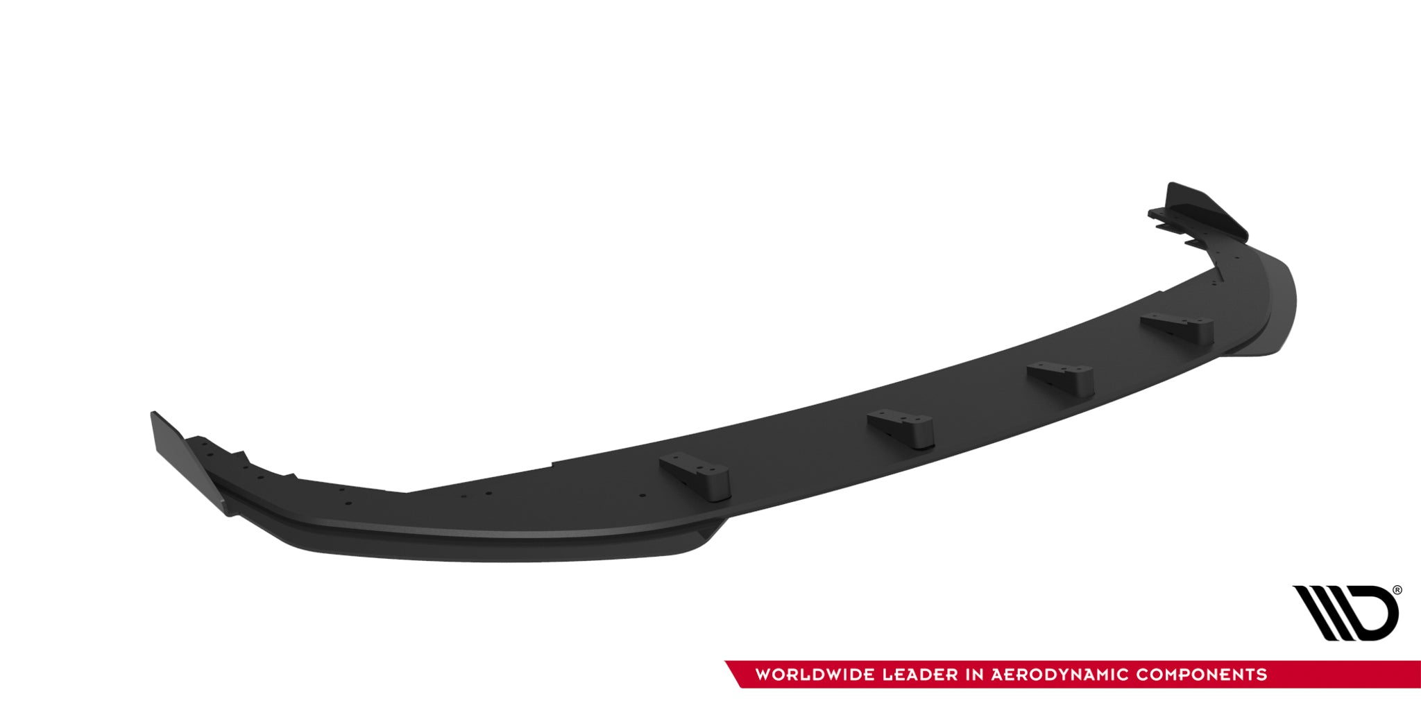 Frontspoiler VW Golf R MK8 Facelift V2 med flaps, svart plast, skrå visning mot hvit bakgrunn.