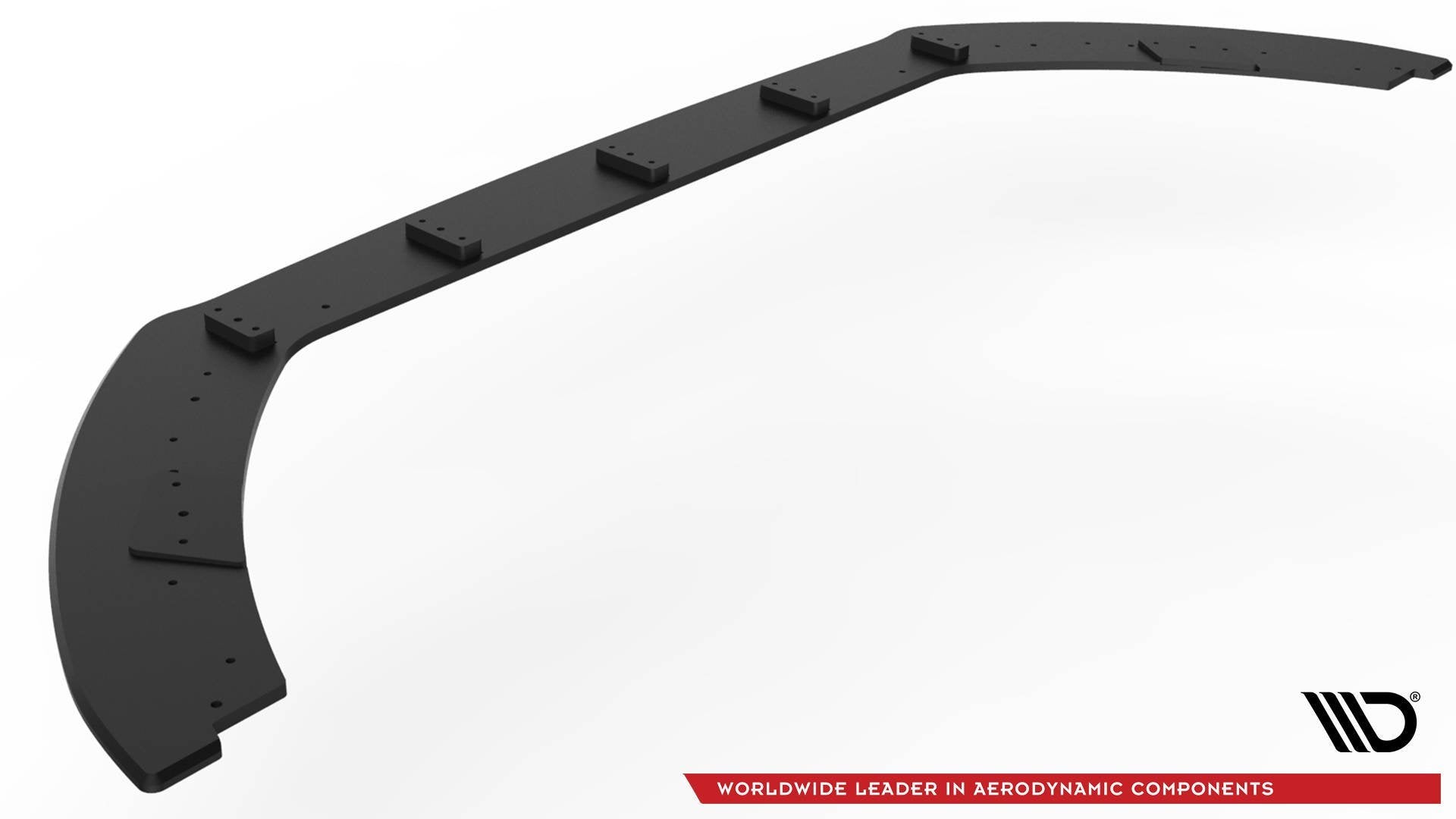 Frontspoiler til Ford Fiesta MK8 ST i svart ABS-plast sett skrått ovenfra med synlige monteringsfester.