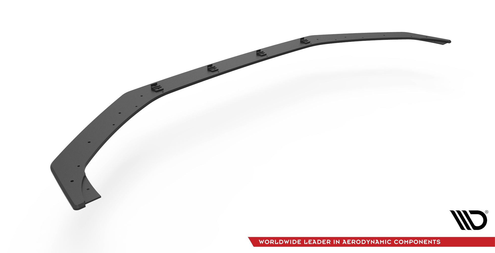 Front lip til Hyundai I20 N MK3, svart buet plast med monteringshull, sett skrått ovenfra.