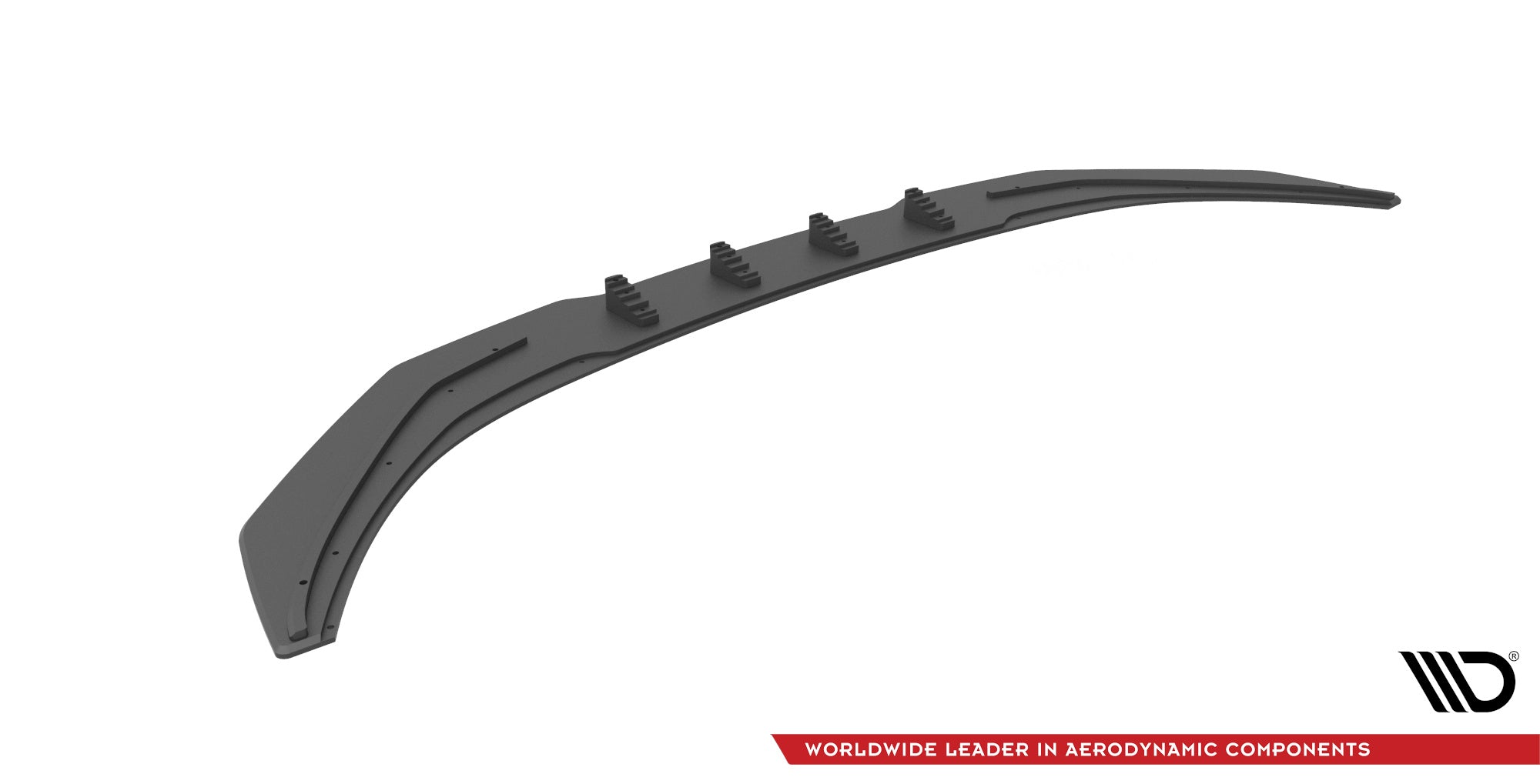 Front lip til Nissan 370Z Nismo Facelift med vertikale finner, svart plast, sett skrått ovenfra på hvit bakgrunn.