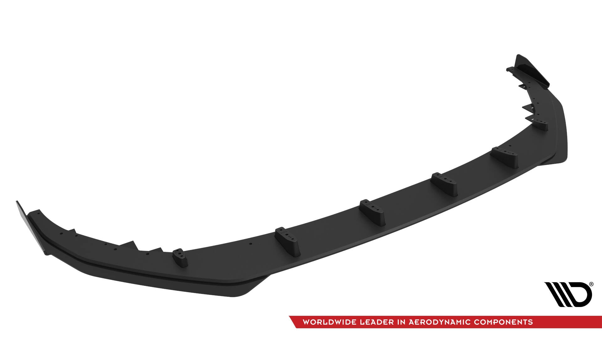Front splitter for Audi S3 Sportback 8Y Facelift med flaps, sett skrått ovenfra, viser flere avstivere.