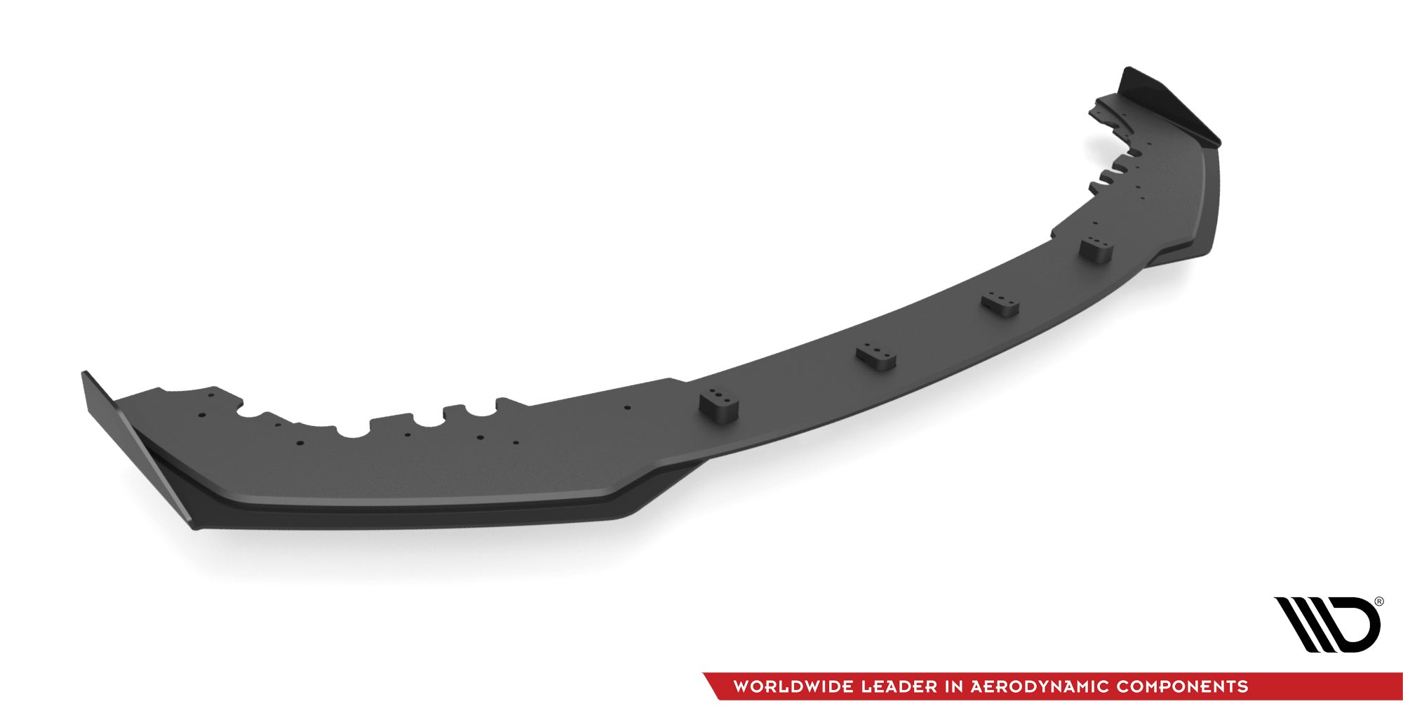 Front splitter BMW M2 Competition F87 V.1 i svart plast med bøyde kanter, sett fra skrått fugleperspektiv.