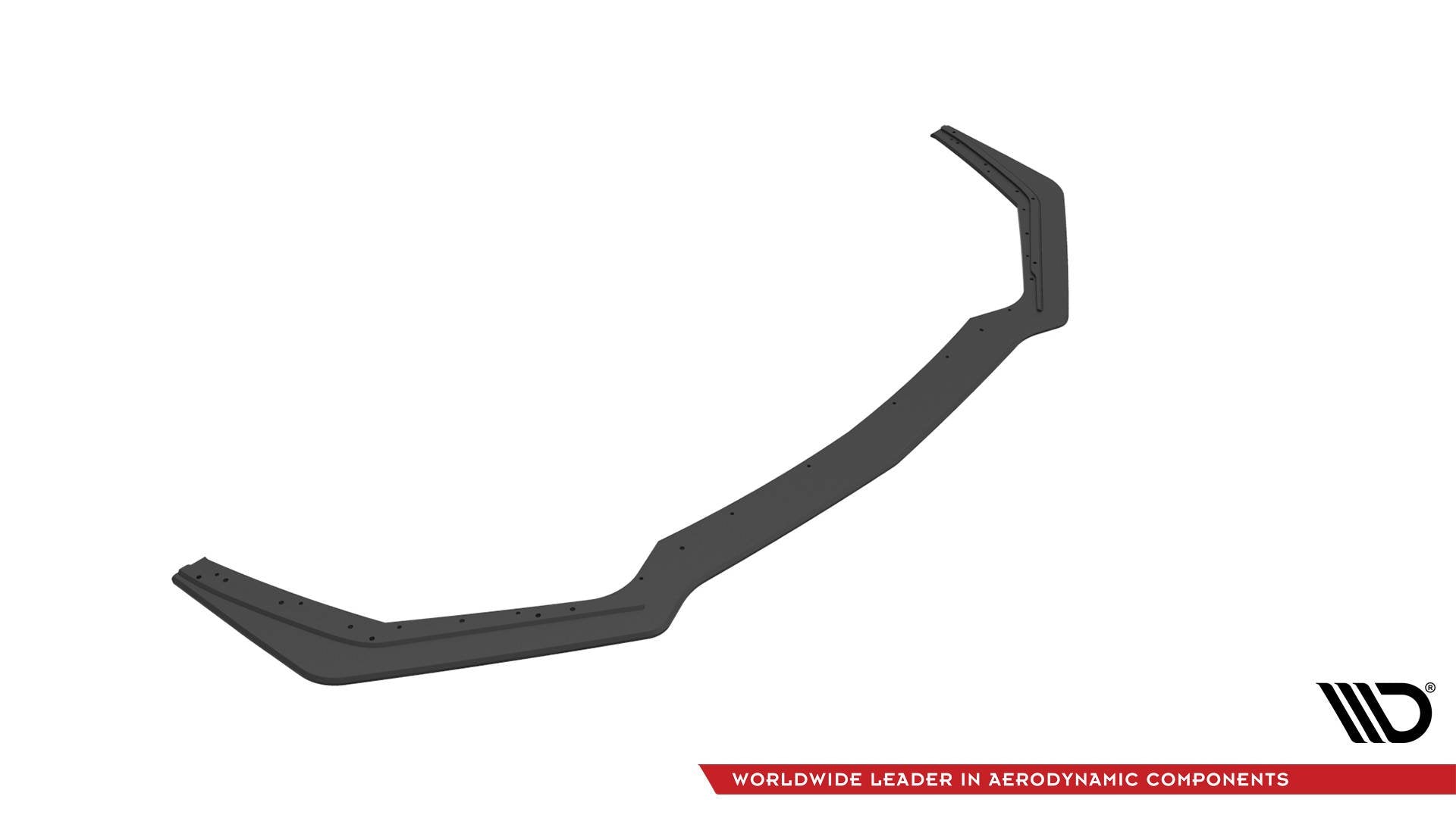 Spoiler til Ford Mustang GT MK6 Facelift V.1 i svart plast med hull, skrå vinkel mot hvit bakgrunn.