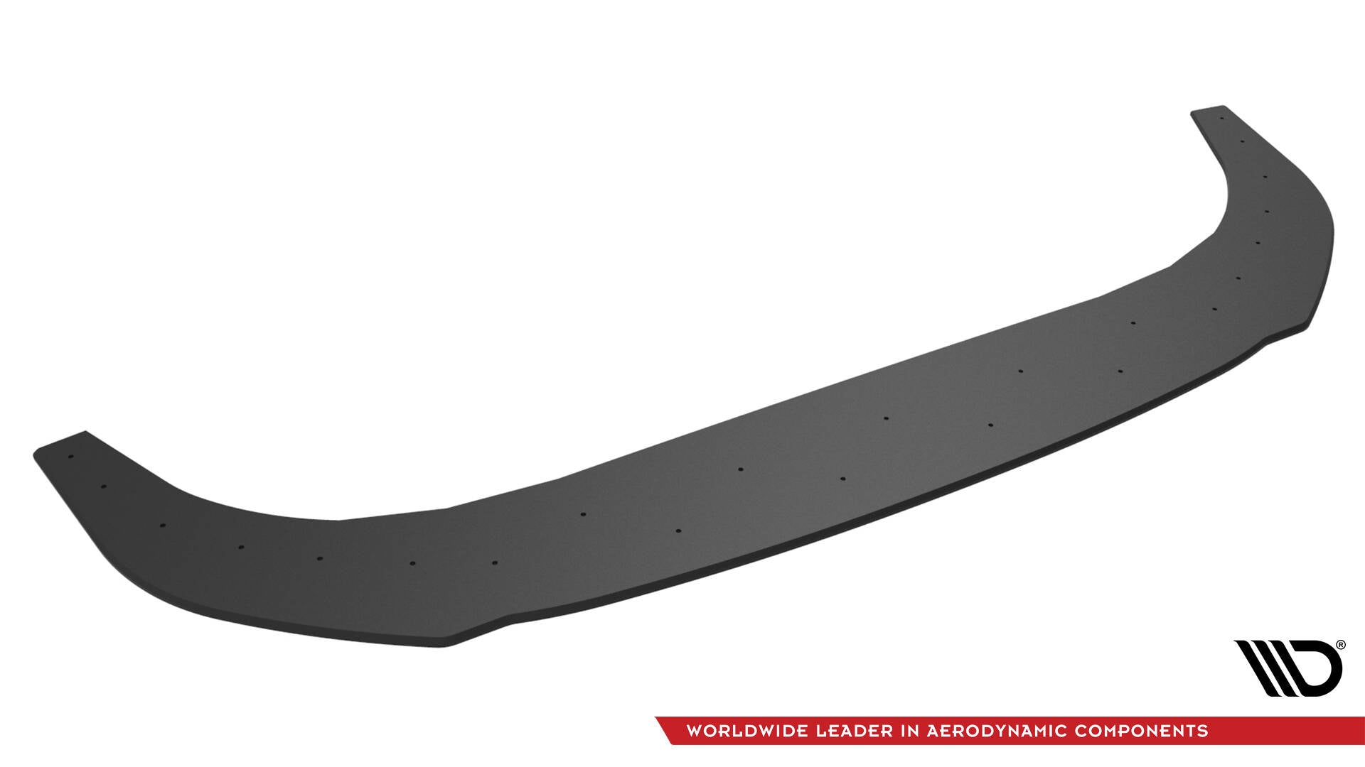 Front splitter til VW Golf MK8 Facelift, svart buet plast med hull, avbildet skrått mot hvit bakgrunn.