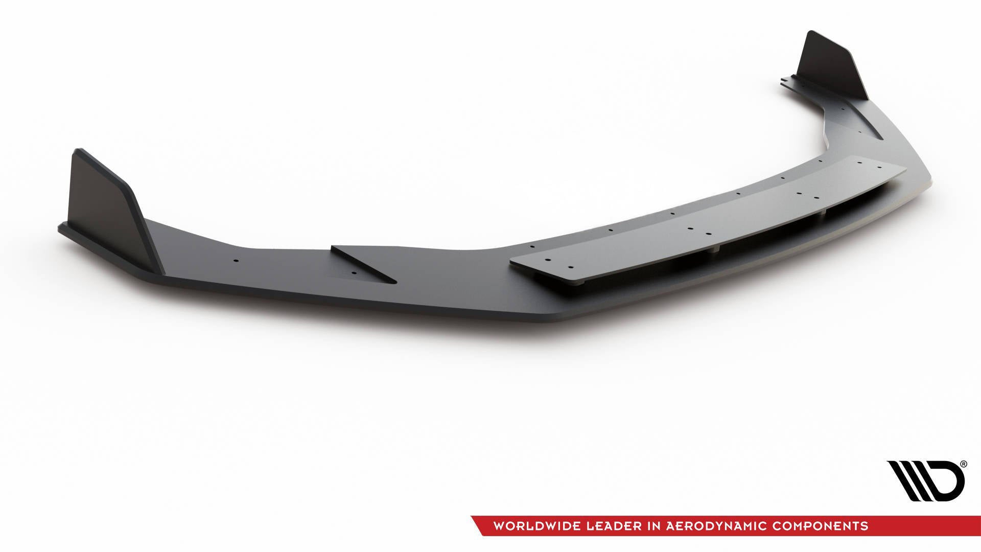 Front splitter til VW Golf R MK7 Facelift, sort med opphøyde kanter og synlige monteringshull.