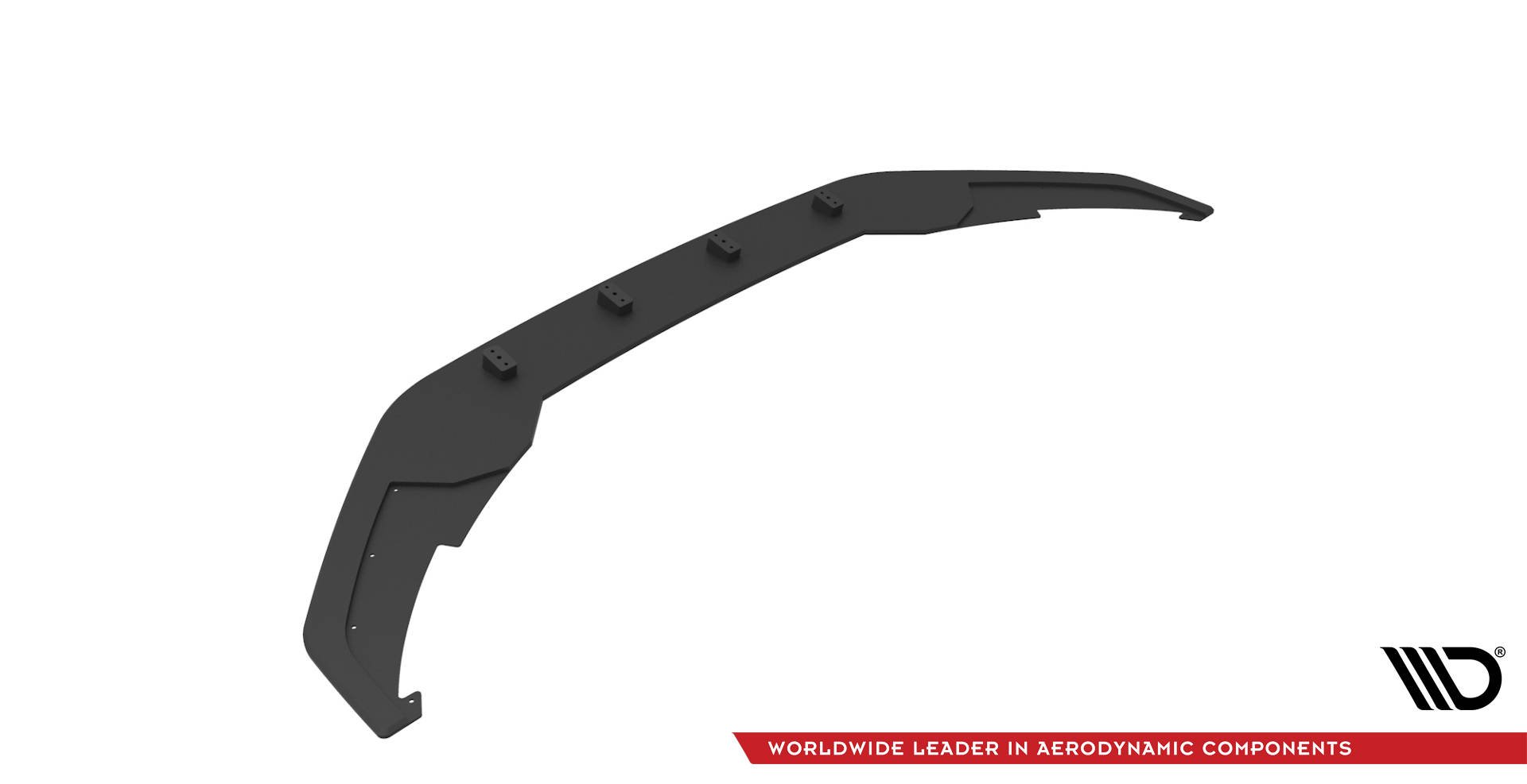 Front splitter til VW Arteon R-Line Facelift i sort hardplast, sett skrått ovenfra med festeputer synlig.