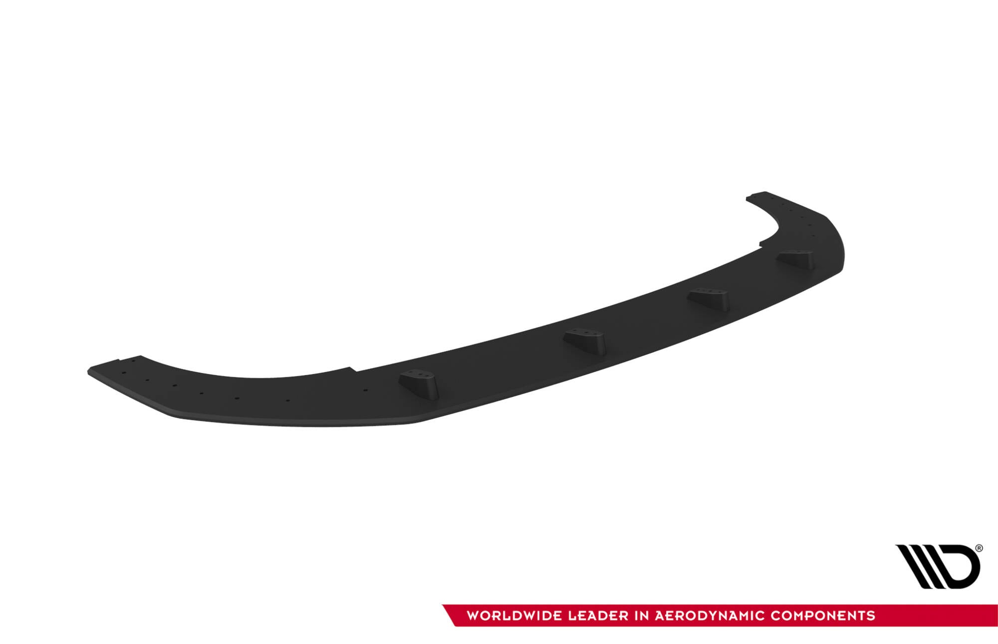 Front lip til VW Golf GTI Clubsport MK8 Facelift V2, sort plast med forhøyede fester, sett ovenfra.