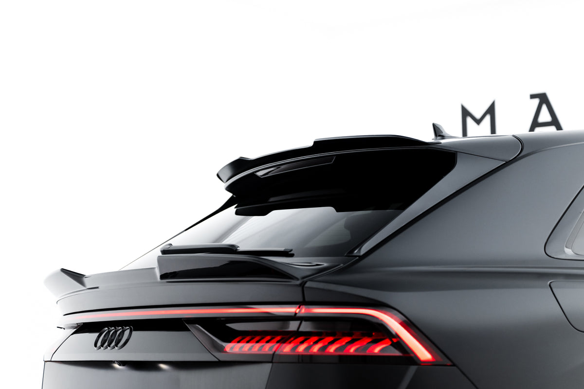 Nærbilde av blank sort Spoiler Cap for Audi Q8 Mk1 Facelift
