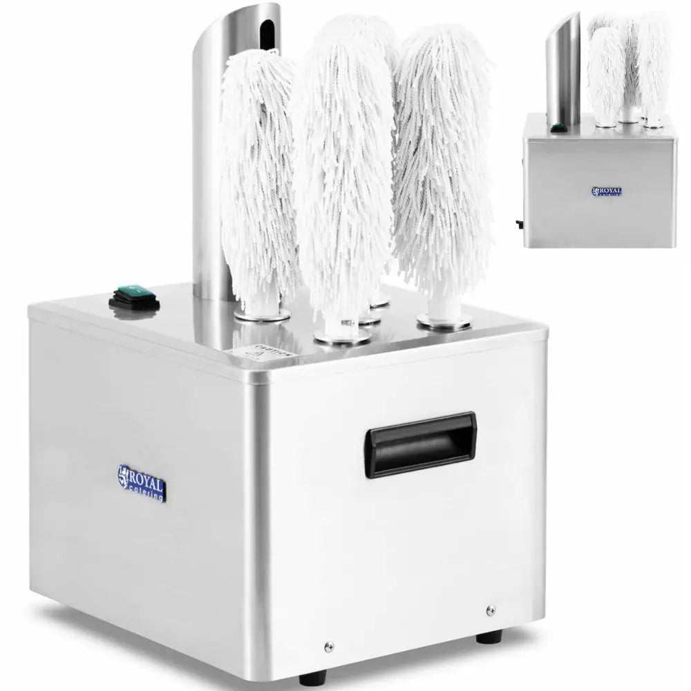 Poleringsmaskin for glass, skrå forfra med tre hvite tekstilbørster, bærehåndtak og grønn av/på-bryter.